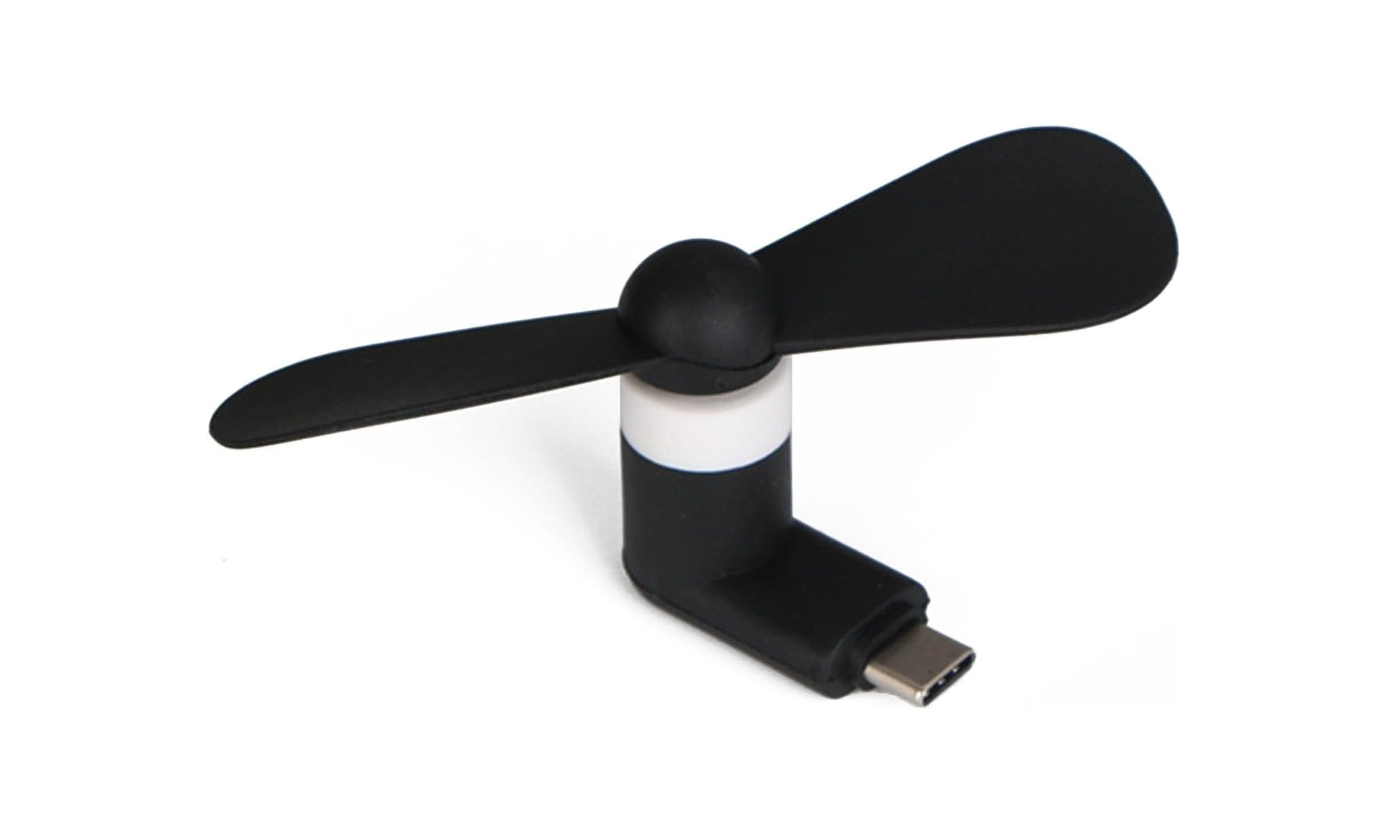 Ein kleiner schwarzer USB-C-Ventilator mit weißen Akzenten auf weißem Hintergrund.