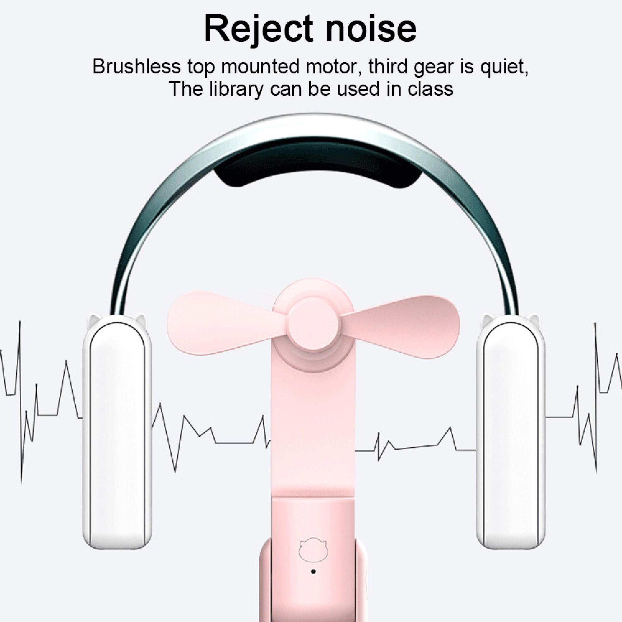 Ein pinker Handventilator mit Kopfhörern und Schallwellen.