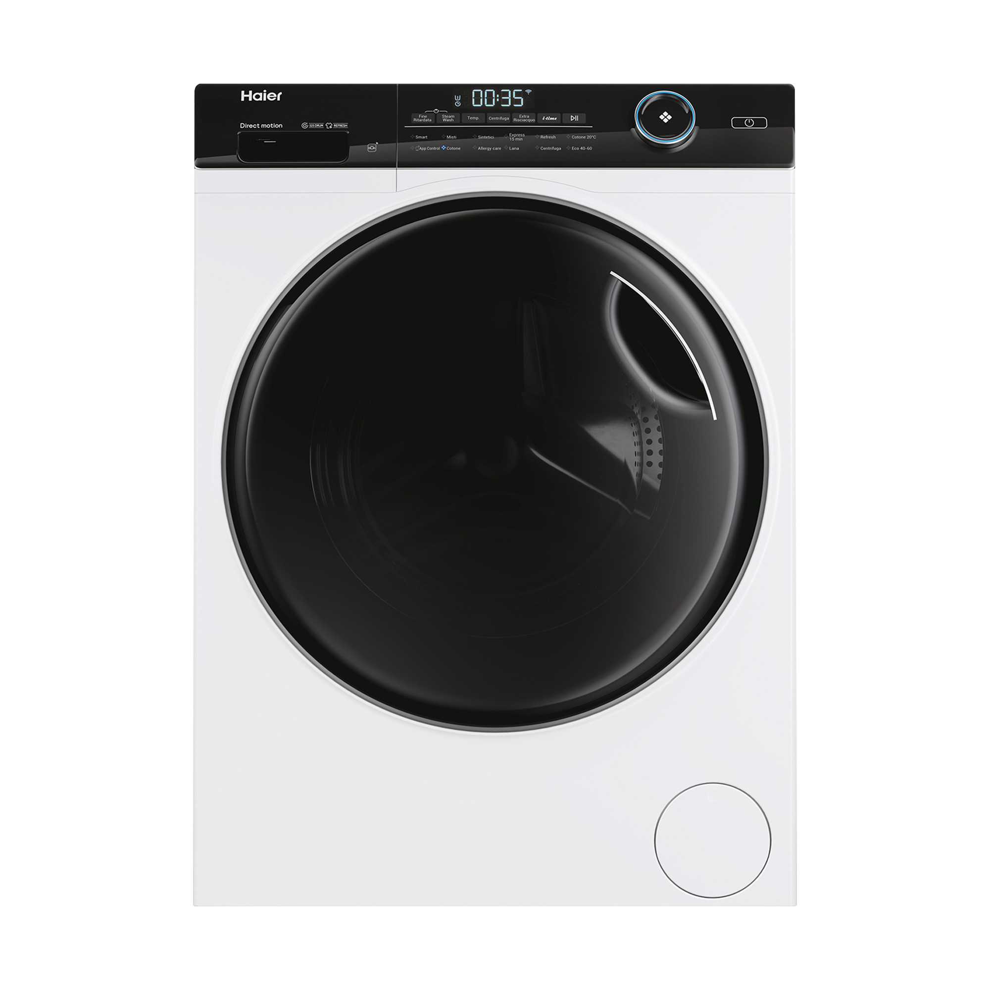 Eine weiße Haier Waschmaschine mit schwarzer Tür und Bedienfeld.