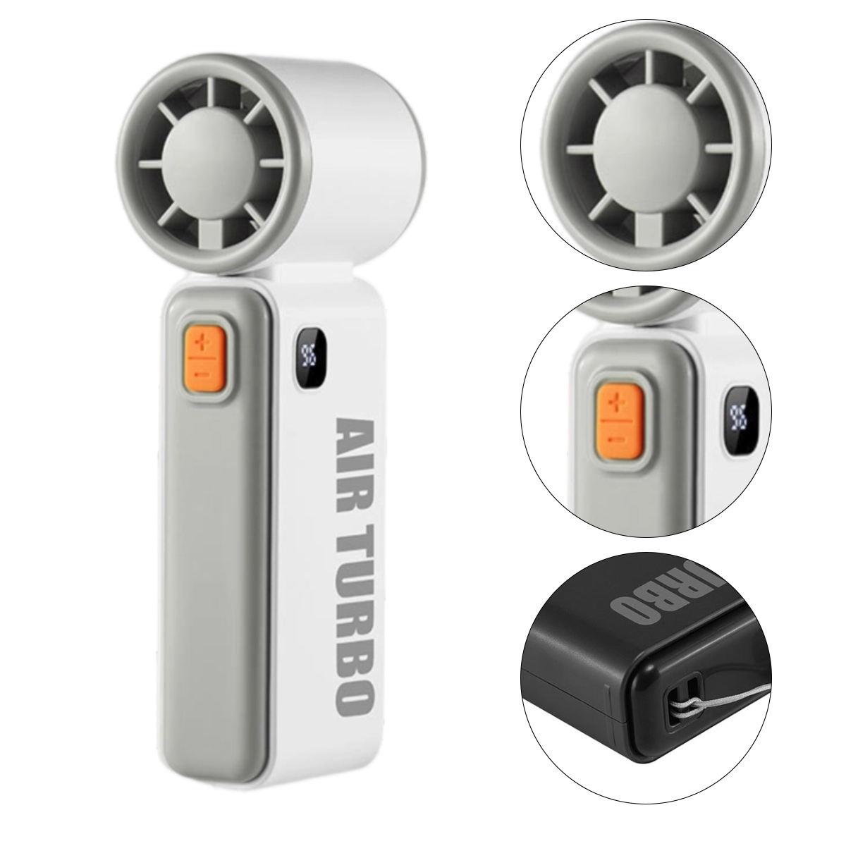 Ein tragbarer weißer Ventilator mit orangefarbenem Knopf und digitaler Anzeige.