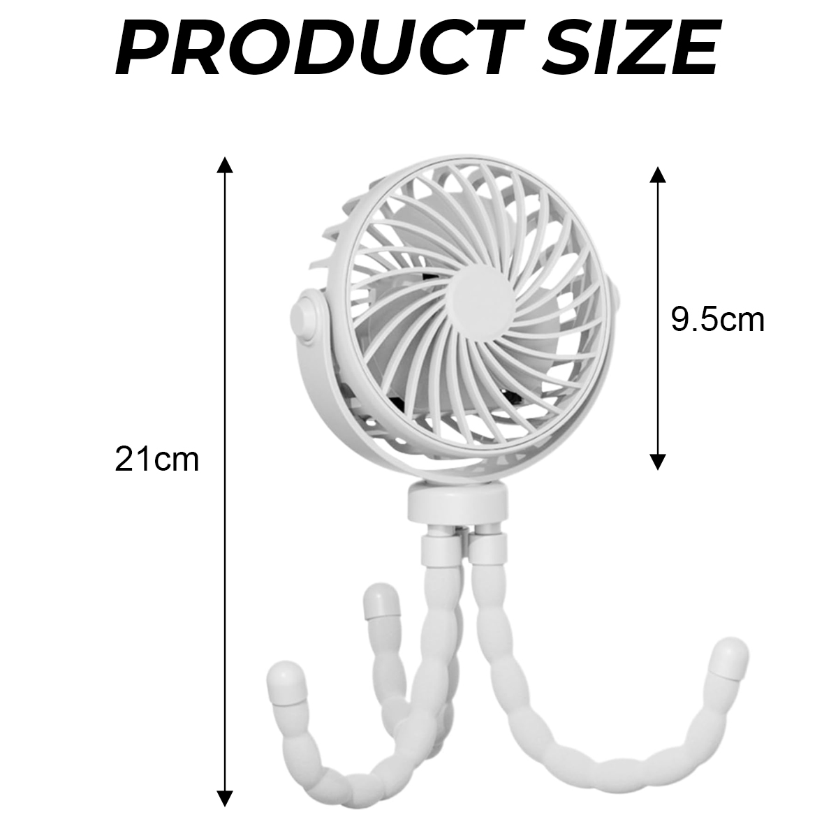 Ein weißer Ventilator mit flexiblen Beinen, 21cm hoch, 9.5cm breit.