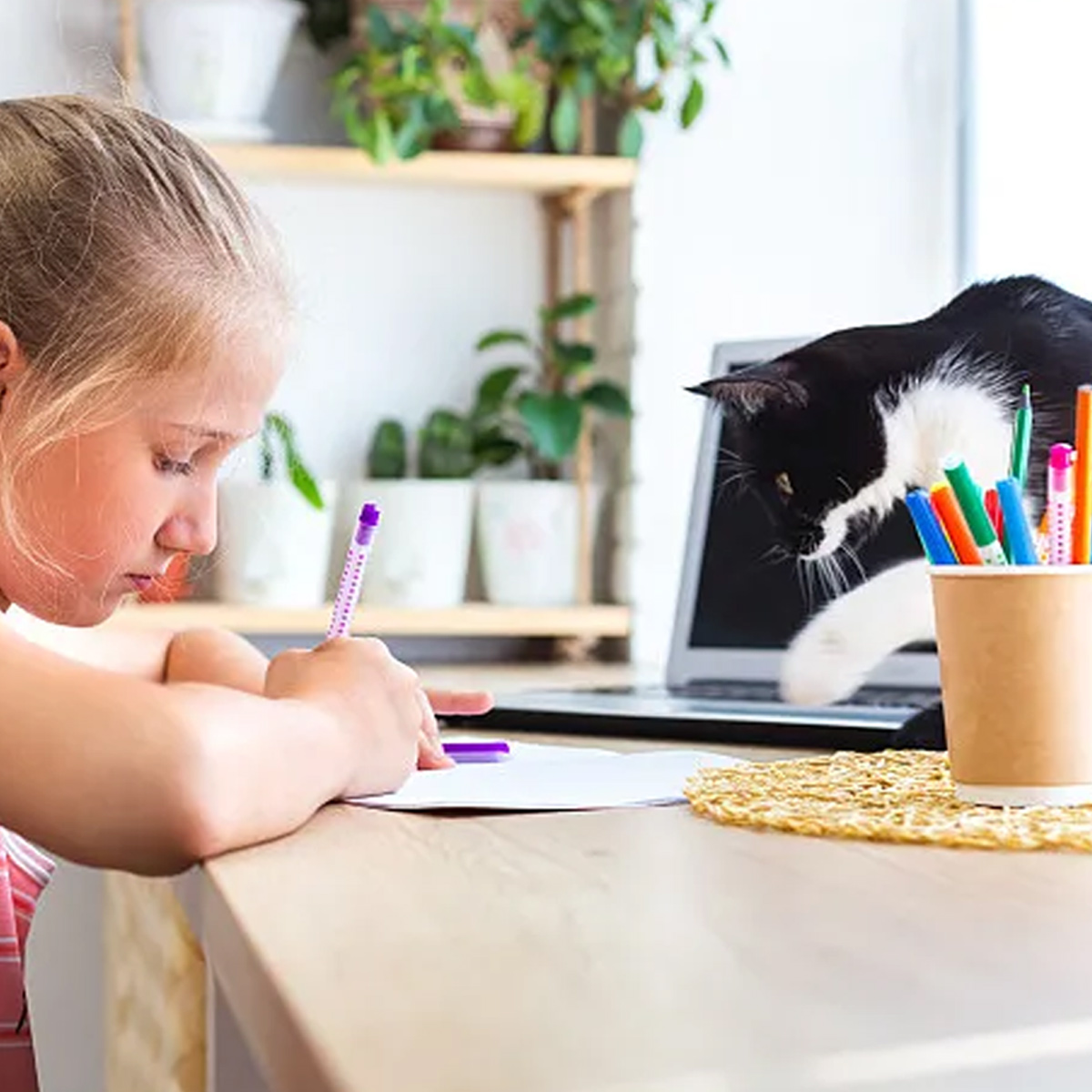 Ein Mädchen schreibt auf Papier, während eine Katze auf einem Laptop sitzt.