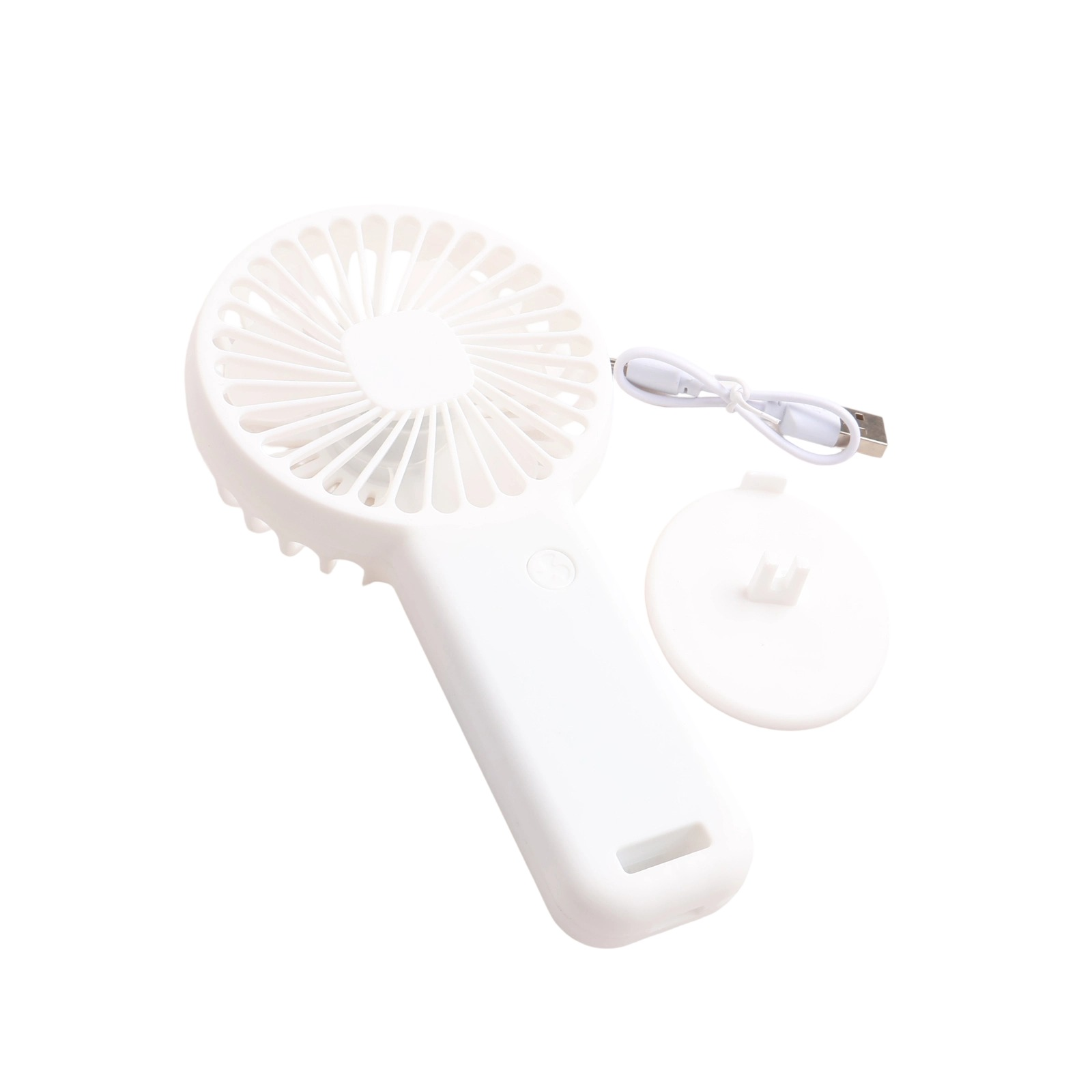 Ein weißer Handventilator mit USB-Kabel und Ladestation.
