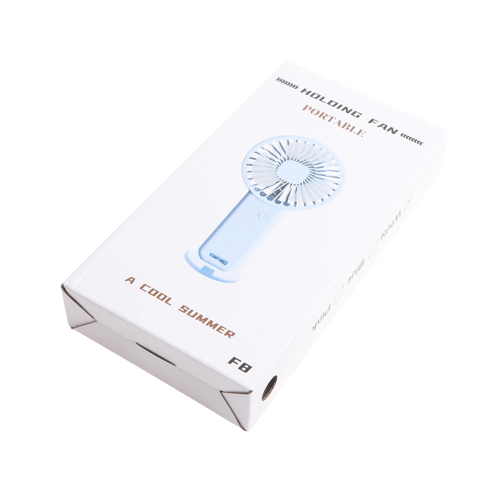 Verpackung eines tragbaren Ventilators mit Aufdruck 'A COOL SUMMER'.