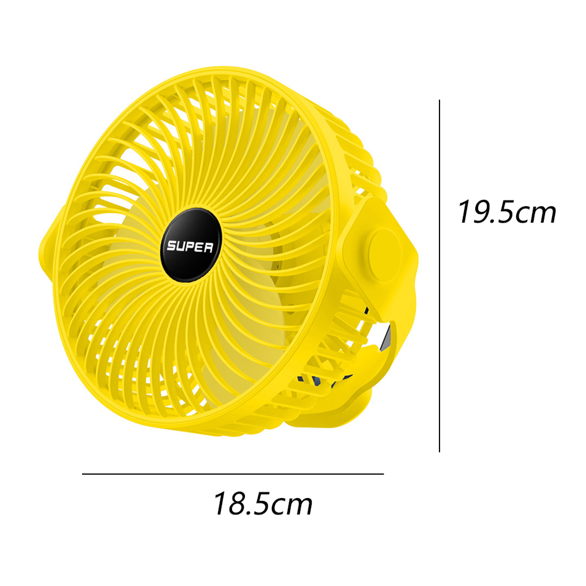 Ein gelber Ventilator mit der Aufschrift SUPER. Maße: 18,5 cm x 19,5 cm.