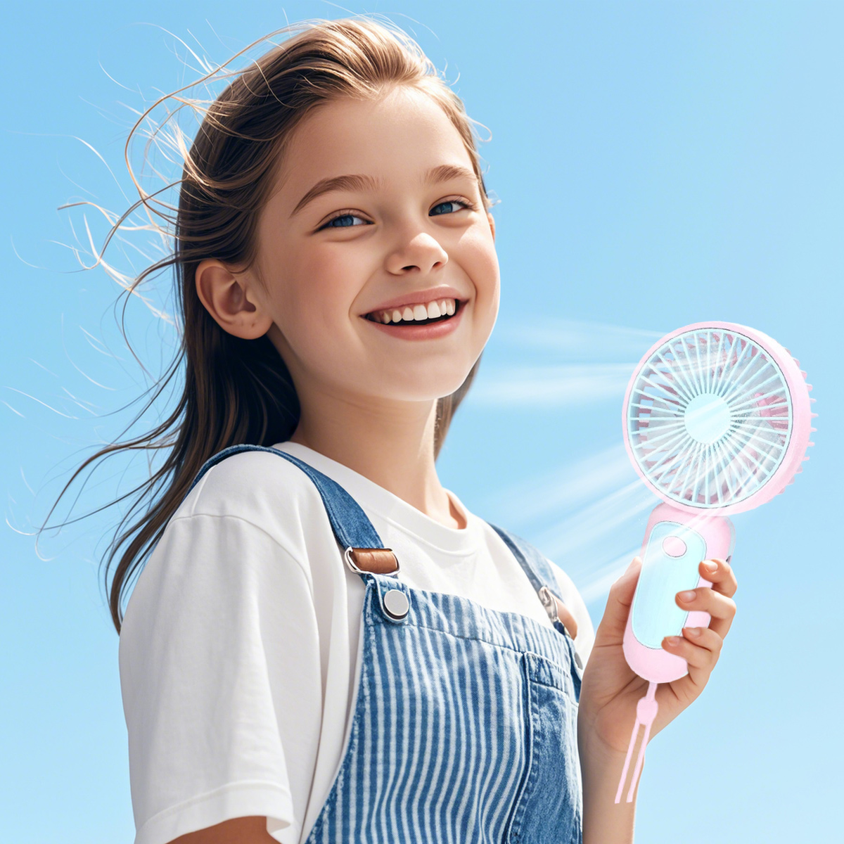 Ein lächelndes Mädchen in Latzhosen hält einen rosa Ventilator vor blauem Himmel.