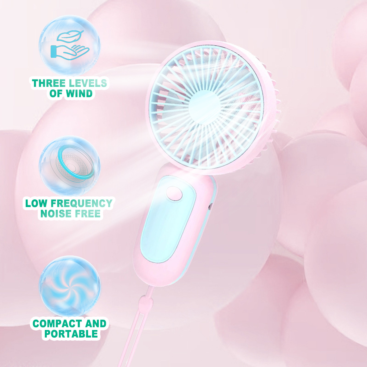Ein rosa Ventilator mit blauen Akzenten auf rosa Ballons.