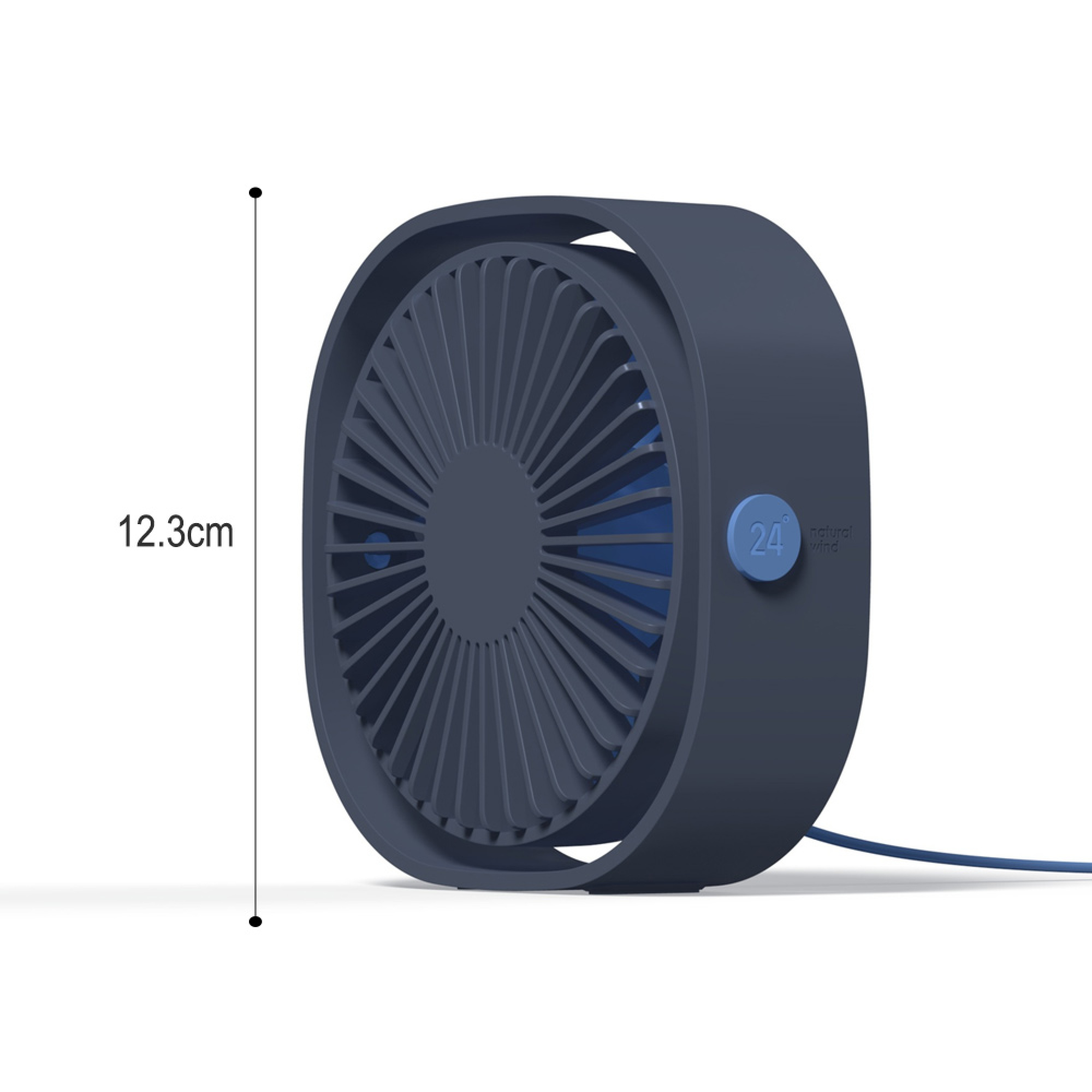 Dunkelblauer Tischventilator mit 24 Grad Lüfterblatt auf weißem Hintergrund.