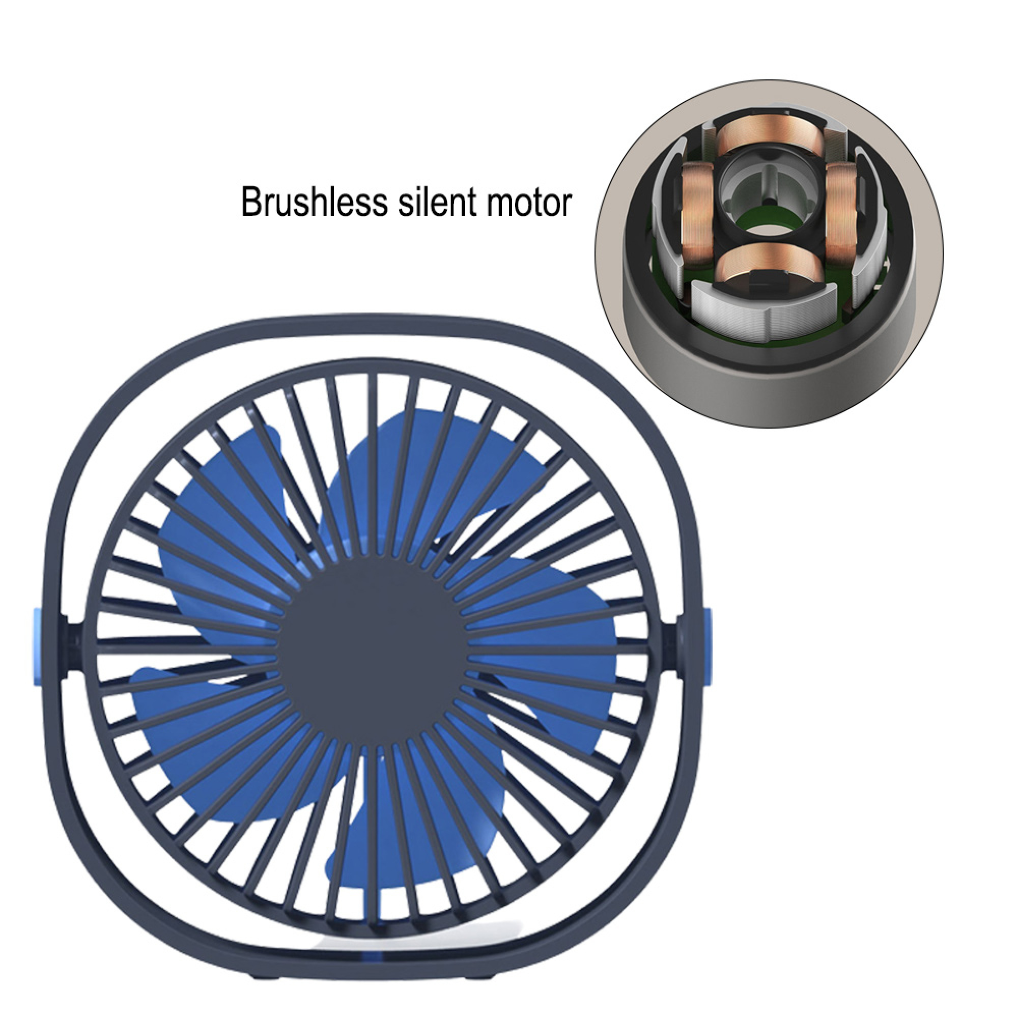 Ein blauer Lüfter mit dunklem Rahmen und ein Detailbild des bürstenlosen Motors.