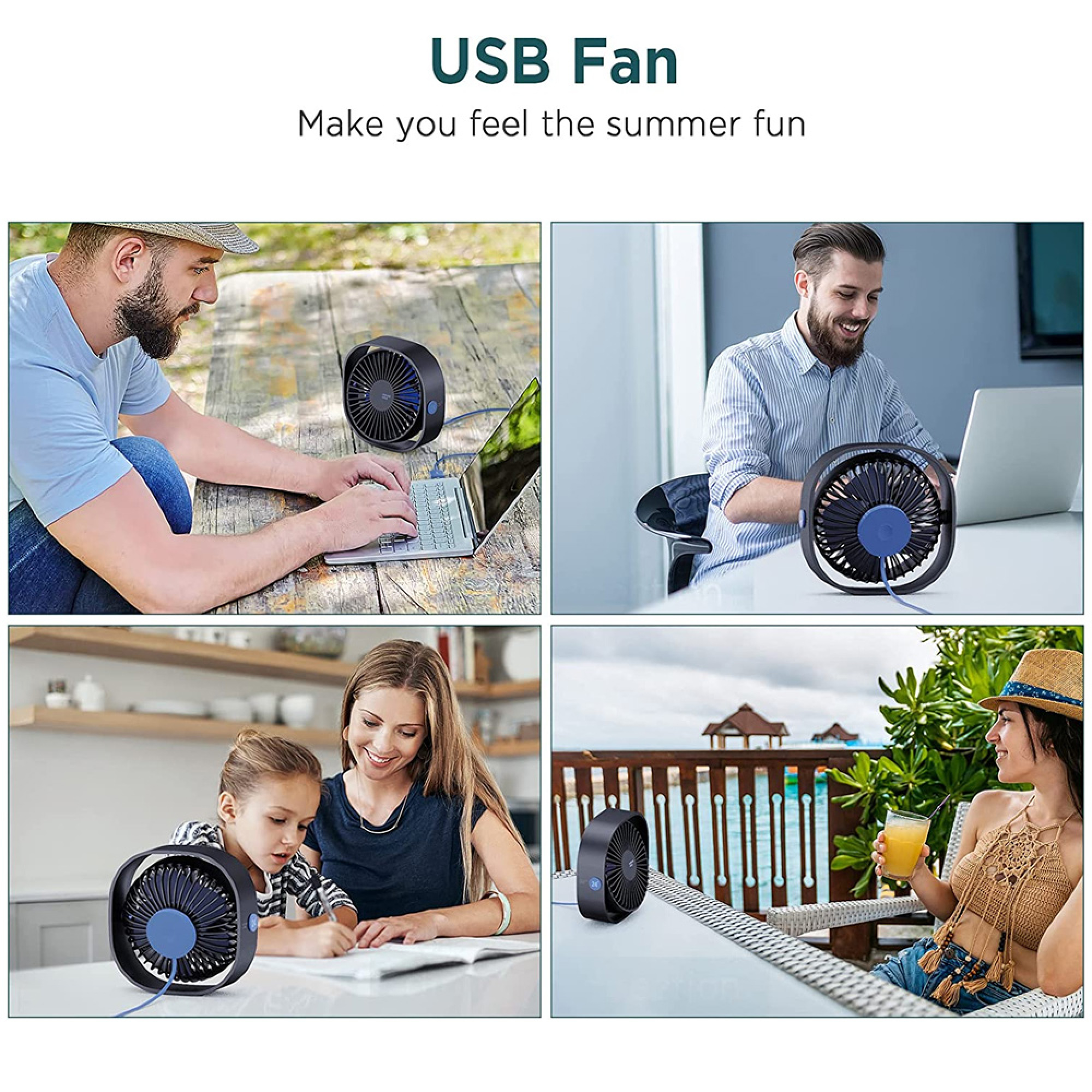 Ein USB-Ventilator auf einem Tisch, der im Freien und drinnen verwendet wird.