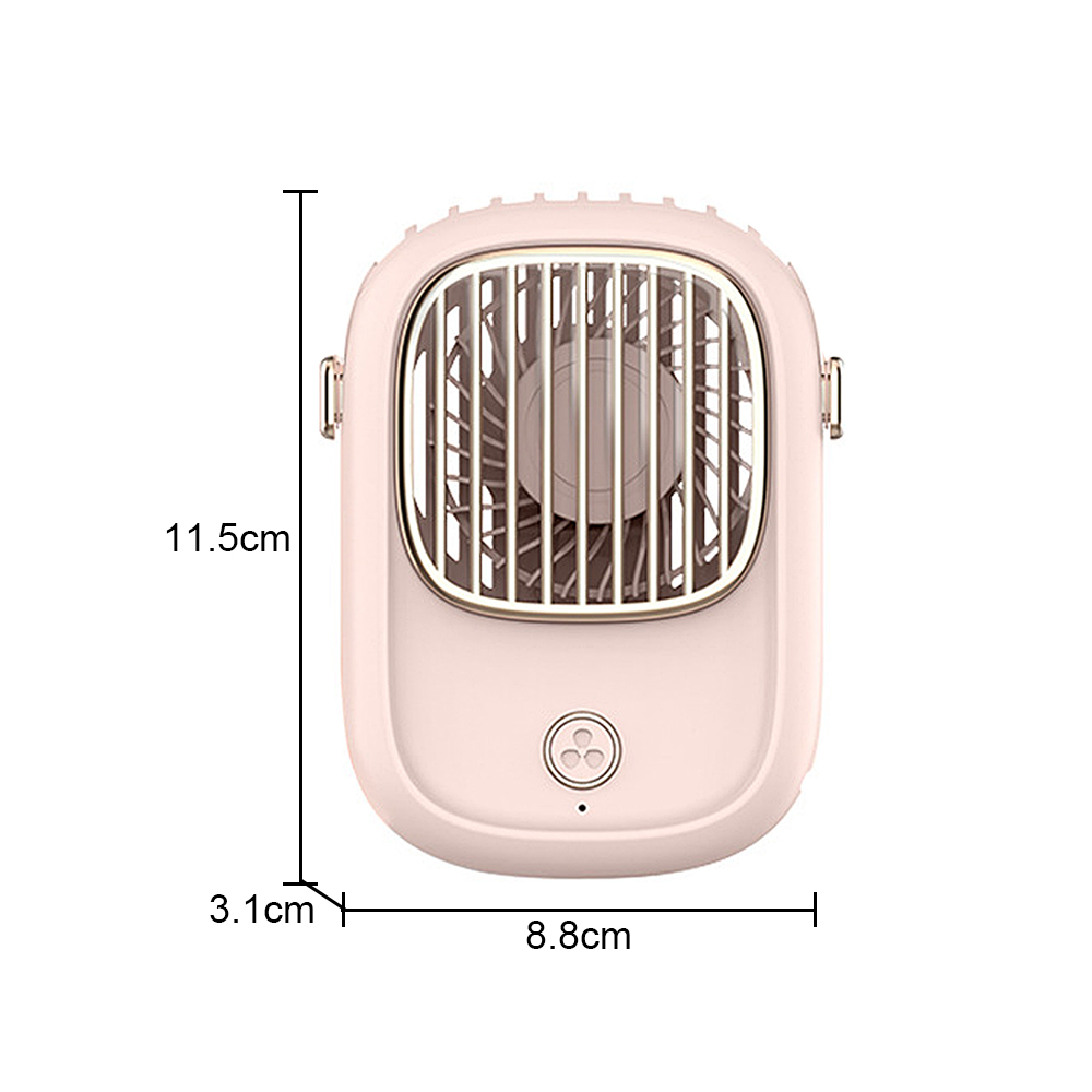 Ein rosafarbener Nackenventilator mit Metallgitter und Ladeanzeige.