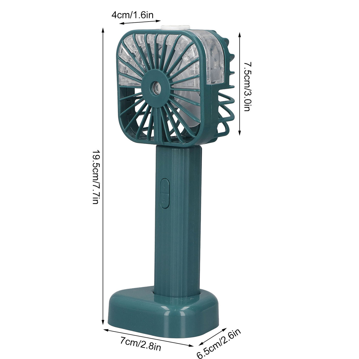 Ein kleiner, tragbarer Ventilator in Dunkelgrün mit einem rechteckigen Kopf und einem schlanken Stiel.