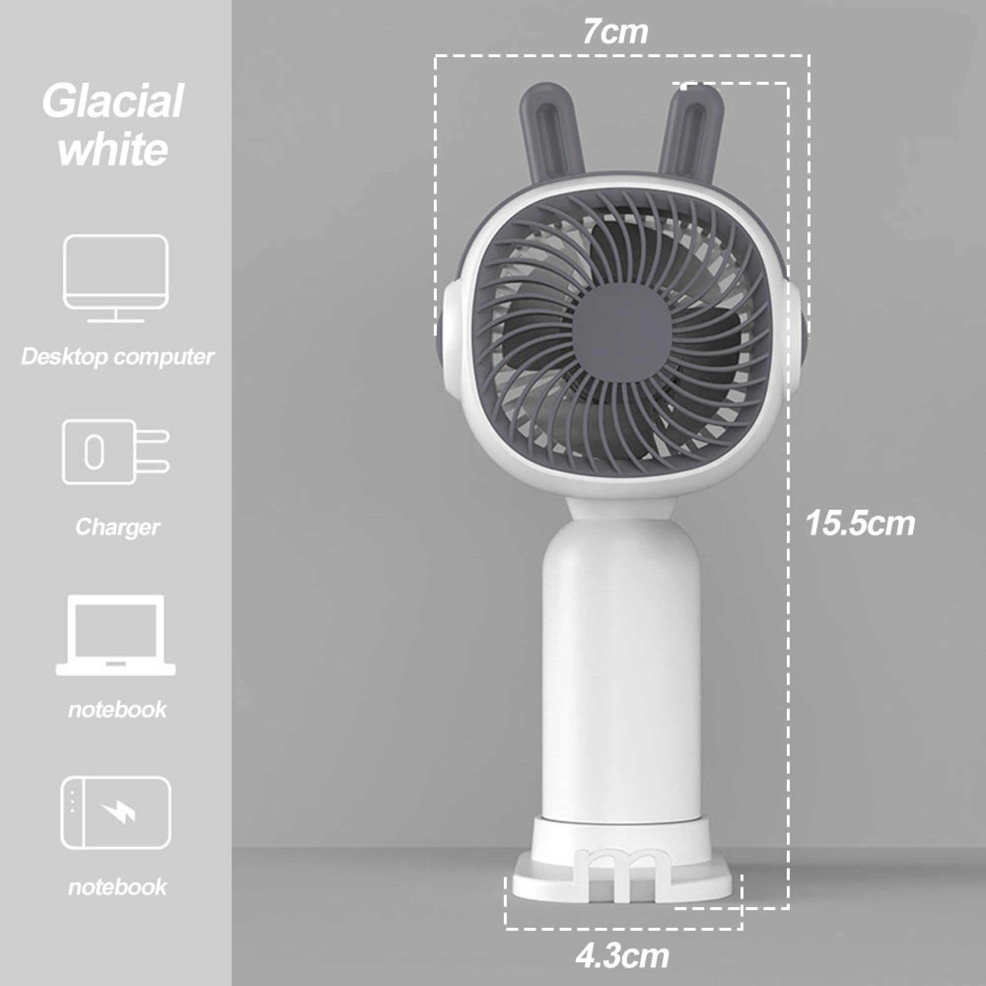 Ein weißer Ventilator mit grauen Hasenohren auf einem grauen Hintergrund.