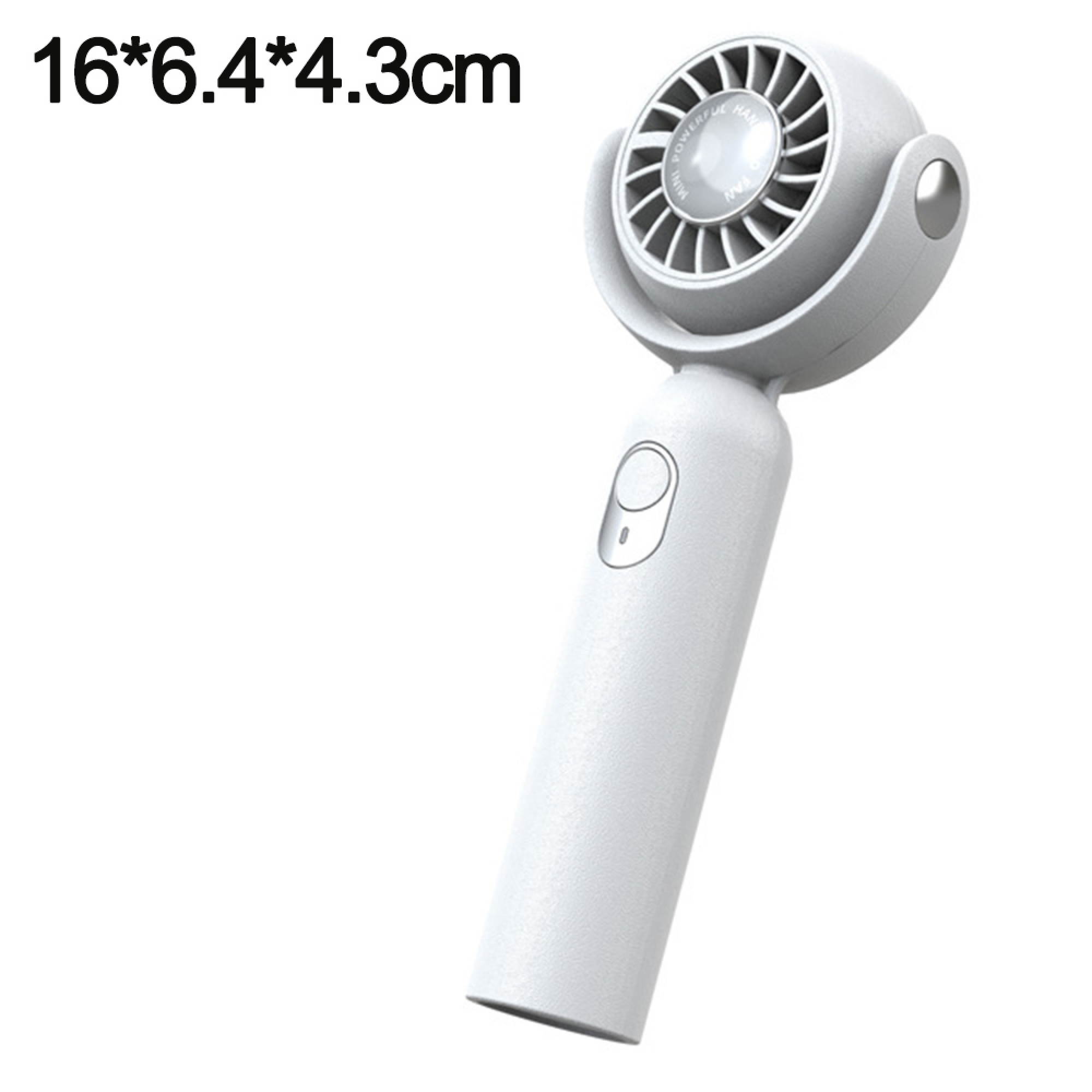Ein weißer, tragbarer Mini-Ventilator mit einem zylindrischen Griff und einem runden Kopf.