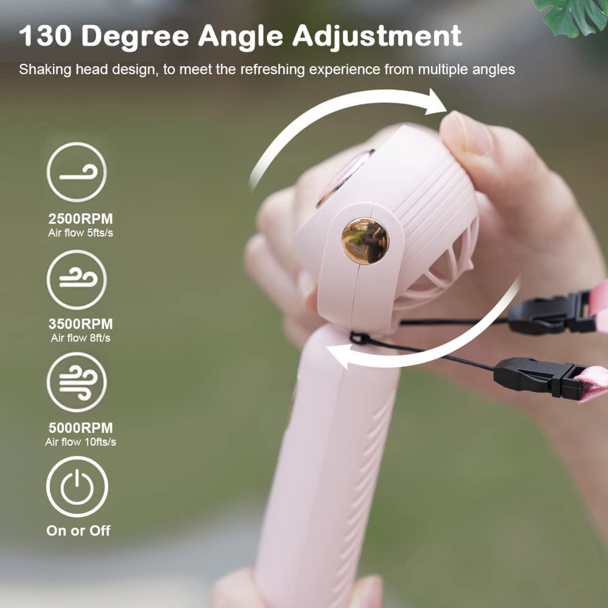 Ein rosa Ventilator mit 130 Grad Winkelverstellung wird von einer Hand gehalten.
