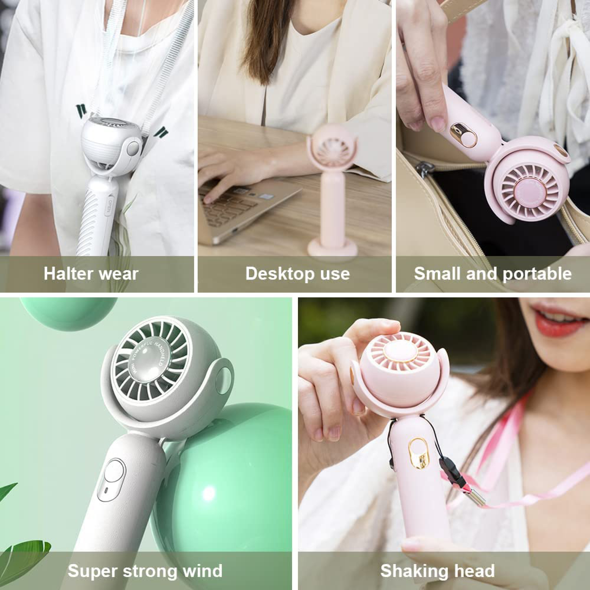 Ein weißer Ventilator am Hals getragen, ein rosa Ventilator auf dem Schreibtisch, ein rosa Ventilator in einer Tasche.