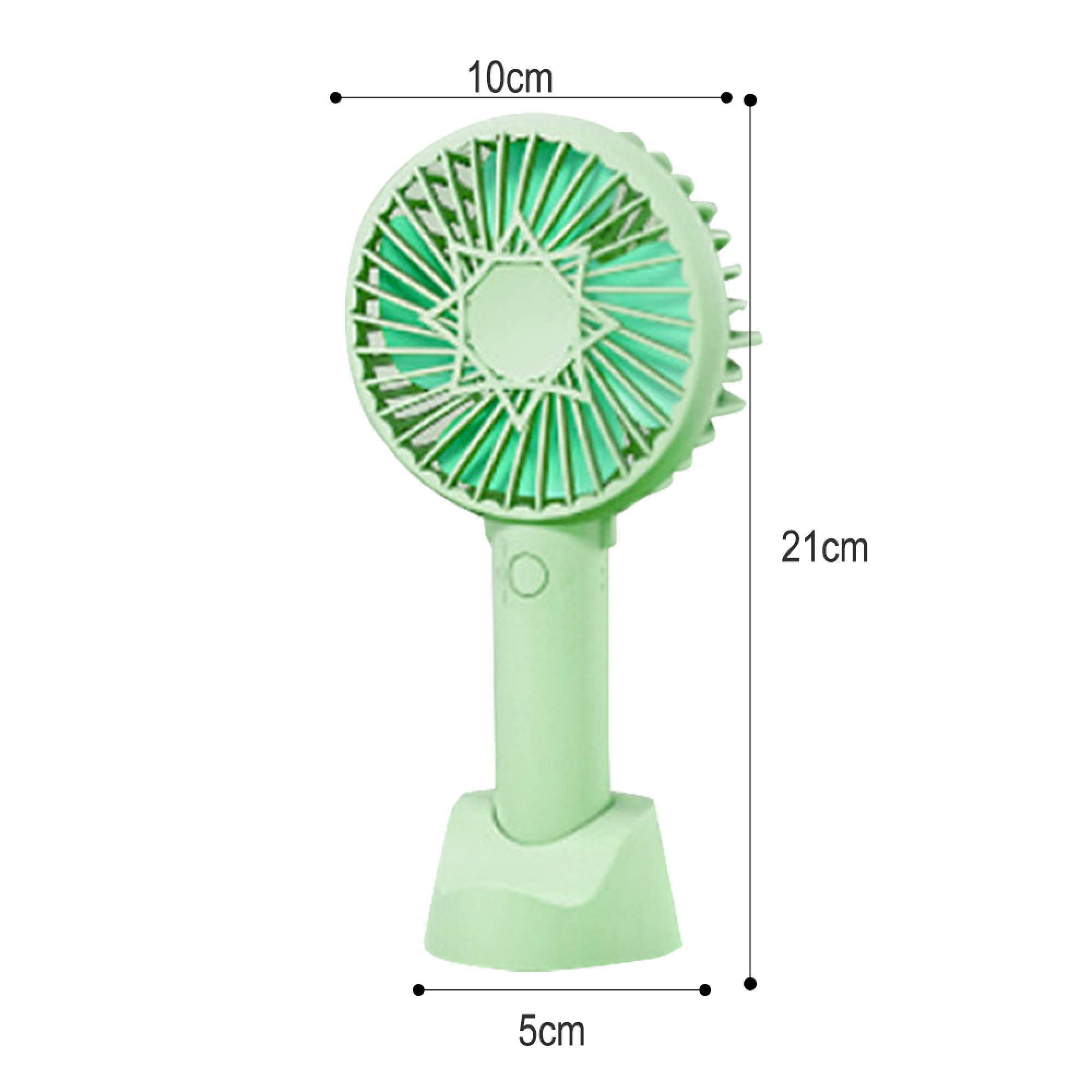Ein hellgrüner tragbarer Ventilator mit einer Basis und Maßangaben.