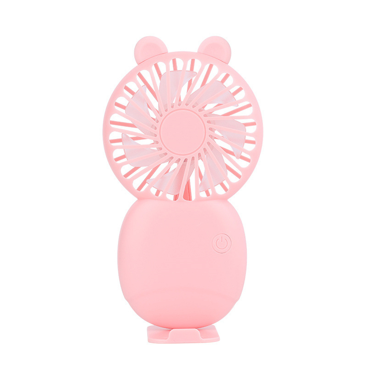 Ein rosafarbener Mini-Ventilator mit Ohren und einem Power-Symbol auf dem Griff.