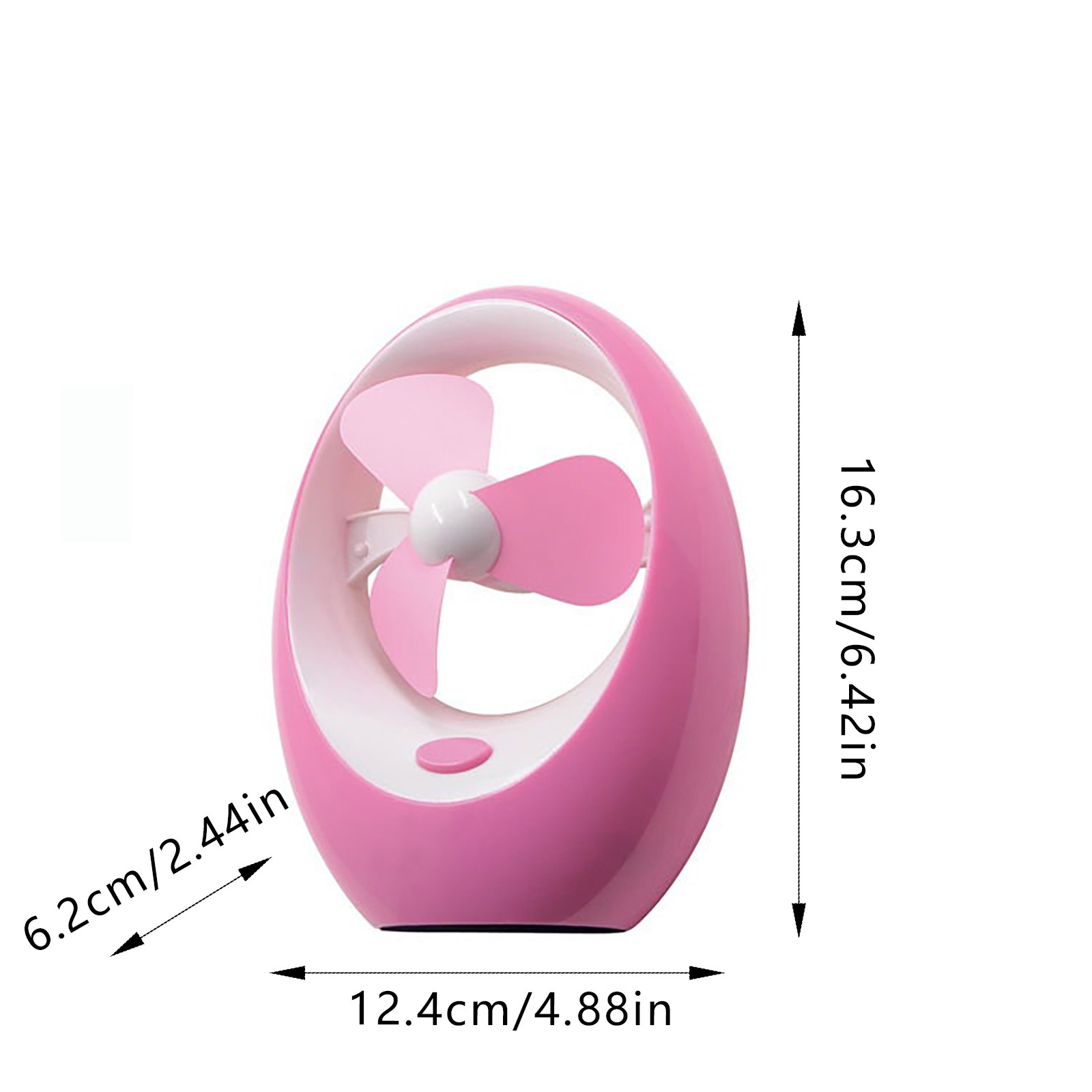 Ein kleiner pinker Ventilator mit weißen Akzenten und Maßangaben.