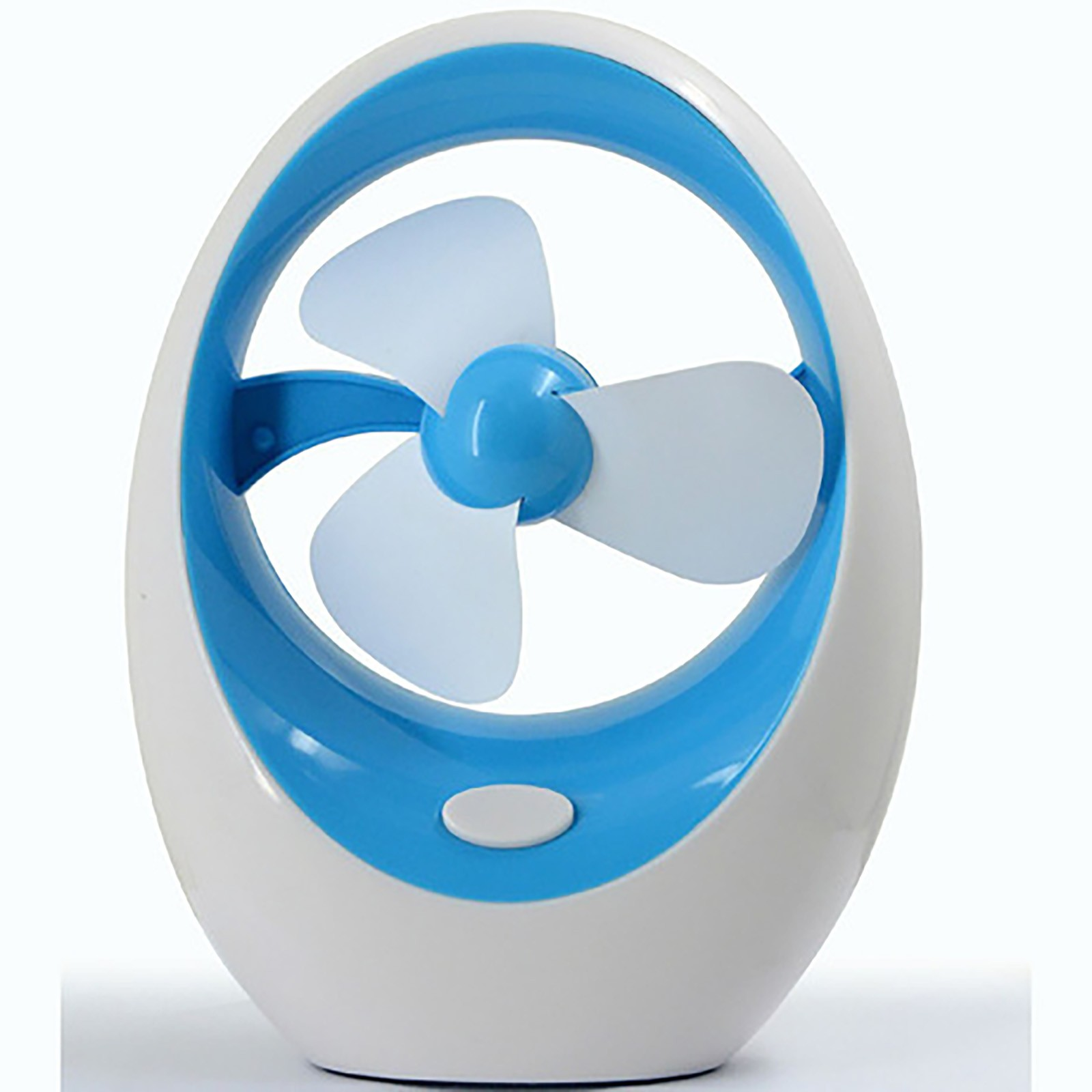 Ein weißer und blauer Mini-Ventilator mit drei weißen Flügeln.