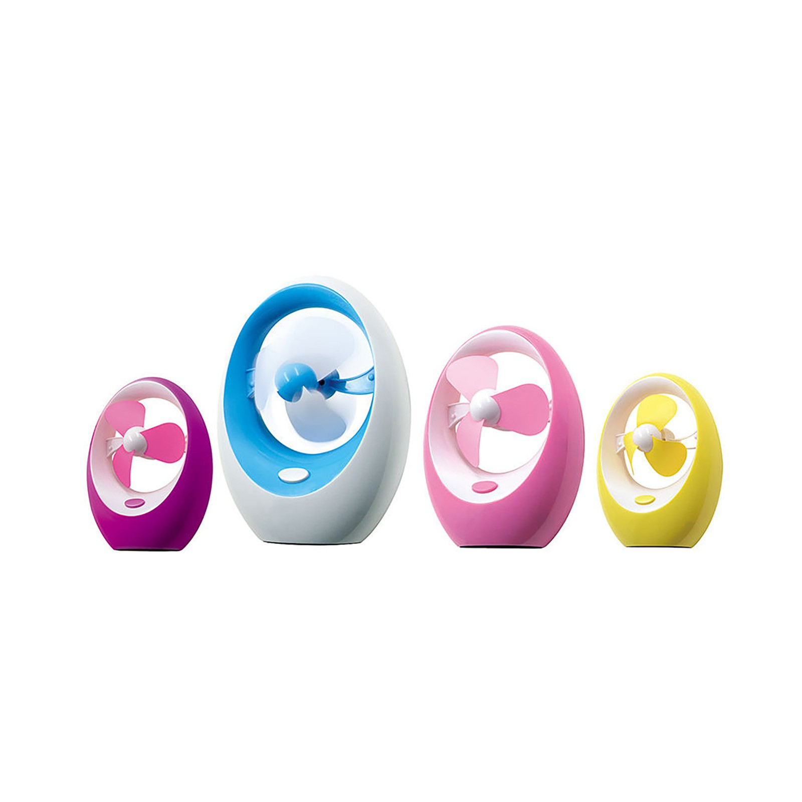 Vier kleine Eier-förmige Lüfter in Lila, Blau, Pink und Gelb.