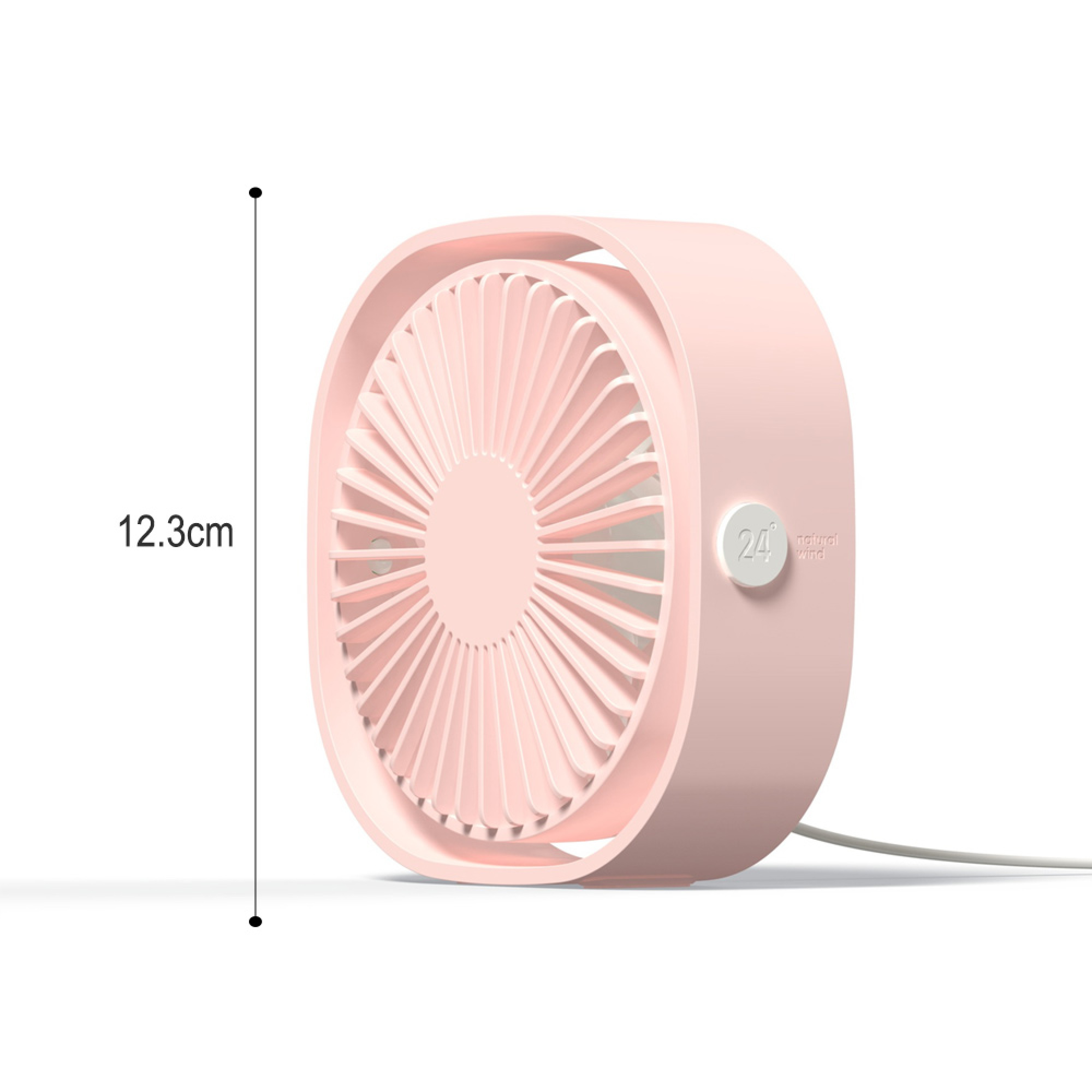 Ein kleiner rosafarbener Ventilator mit einem Durchmesser von 12,3 cm.