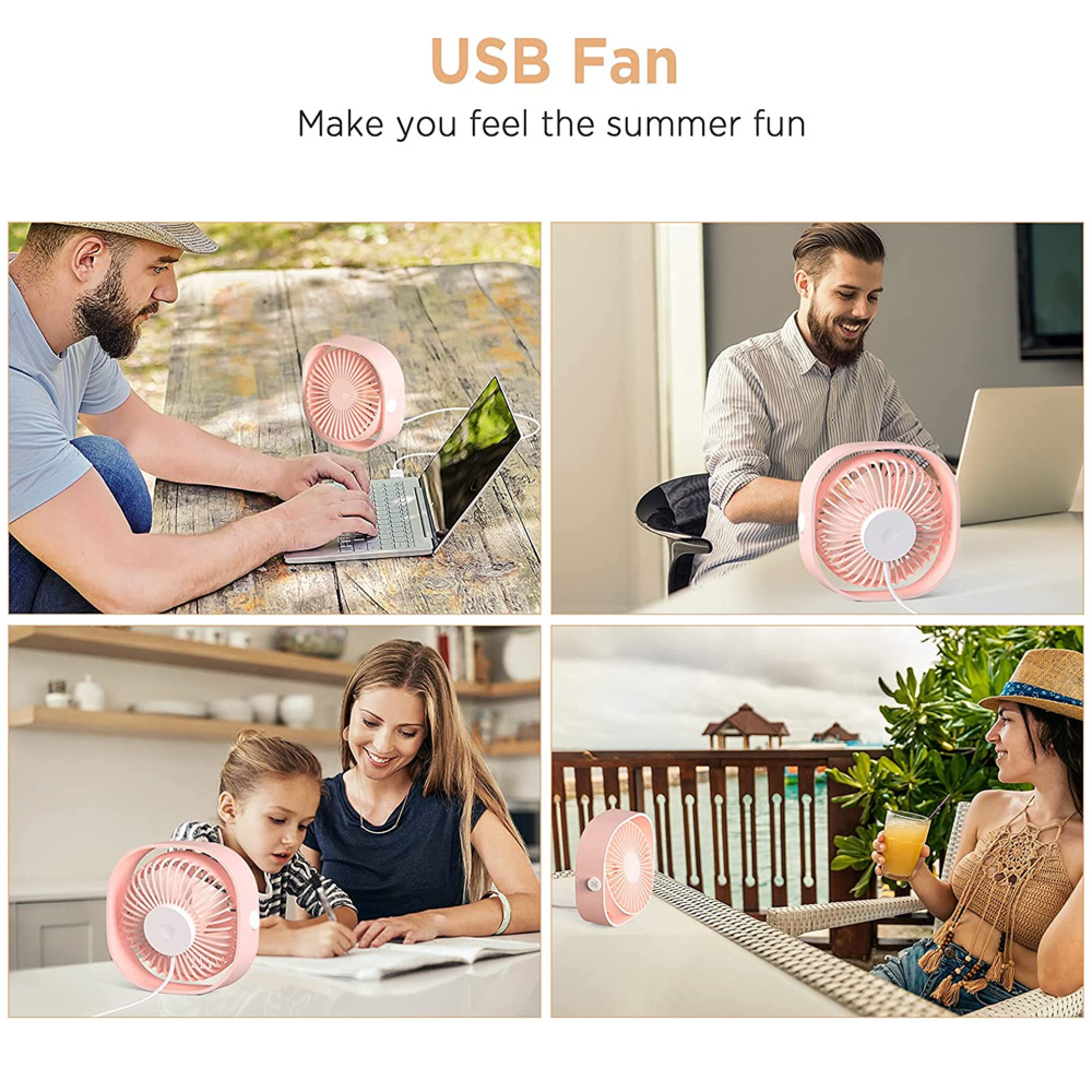 Vier Szenen zeigen einen rosa USB-Ventilator im Einsatz.