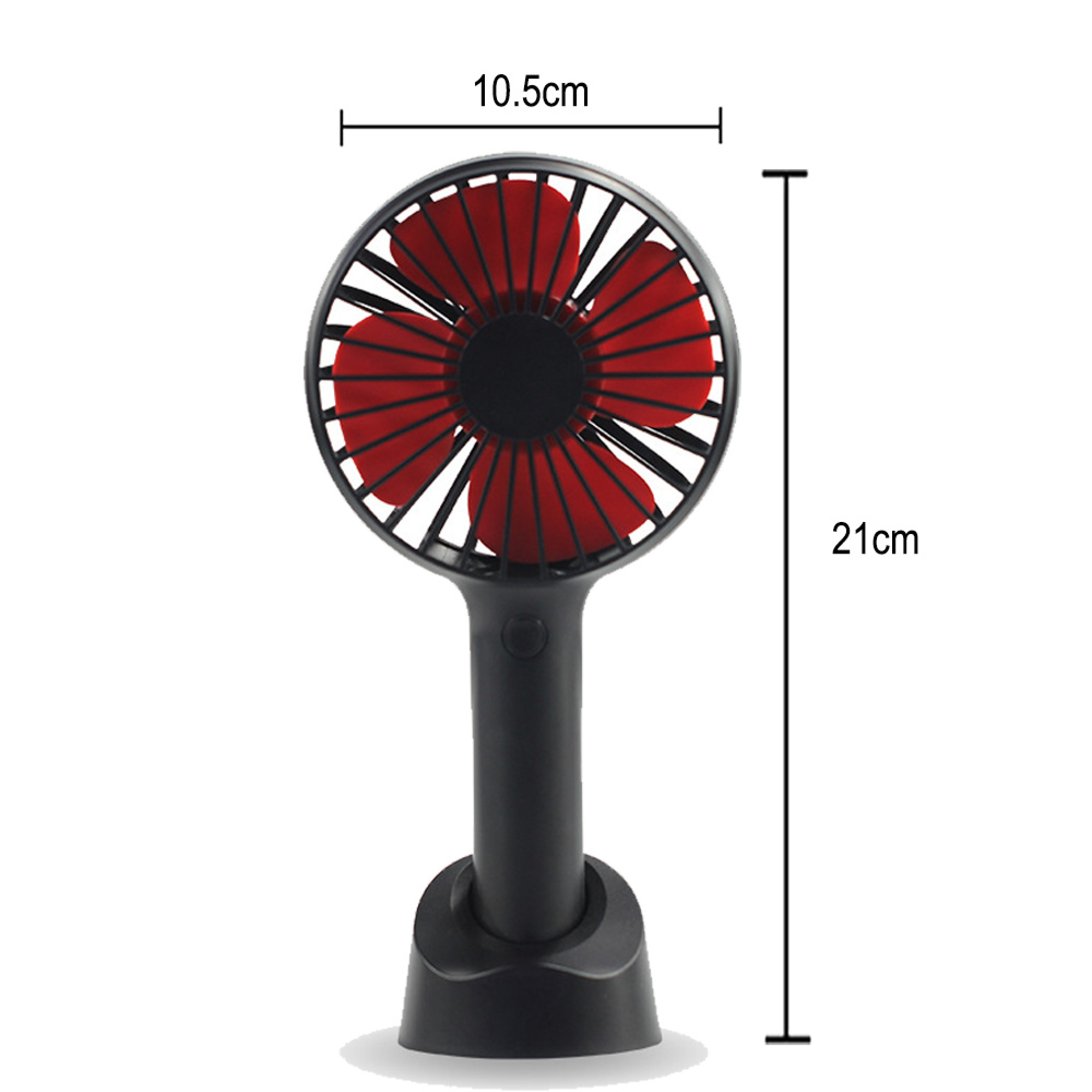 Ein schwarzer Handventilator mit roten Rotorblättern steht auf einem Ständer.