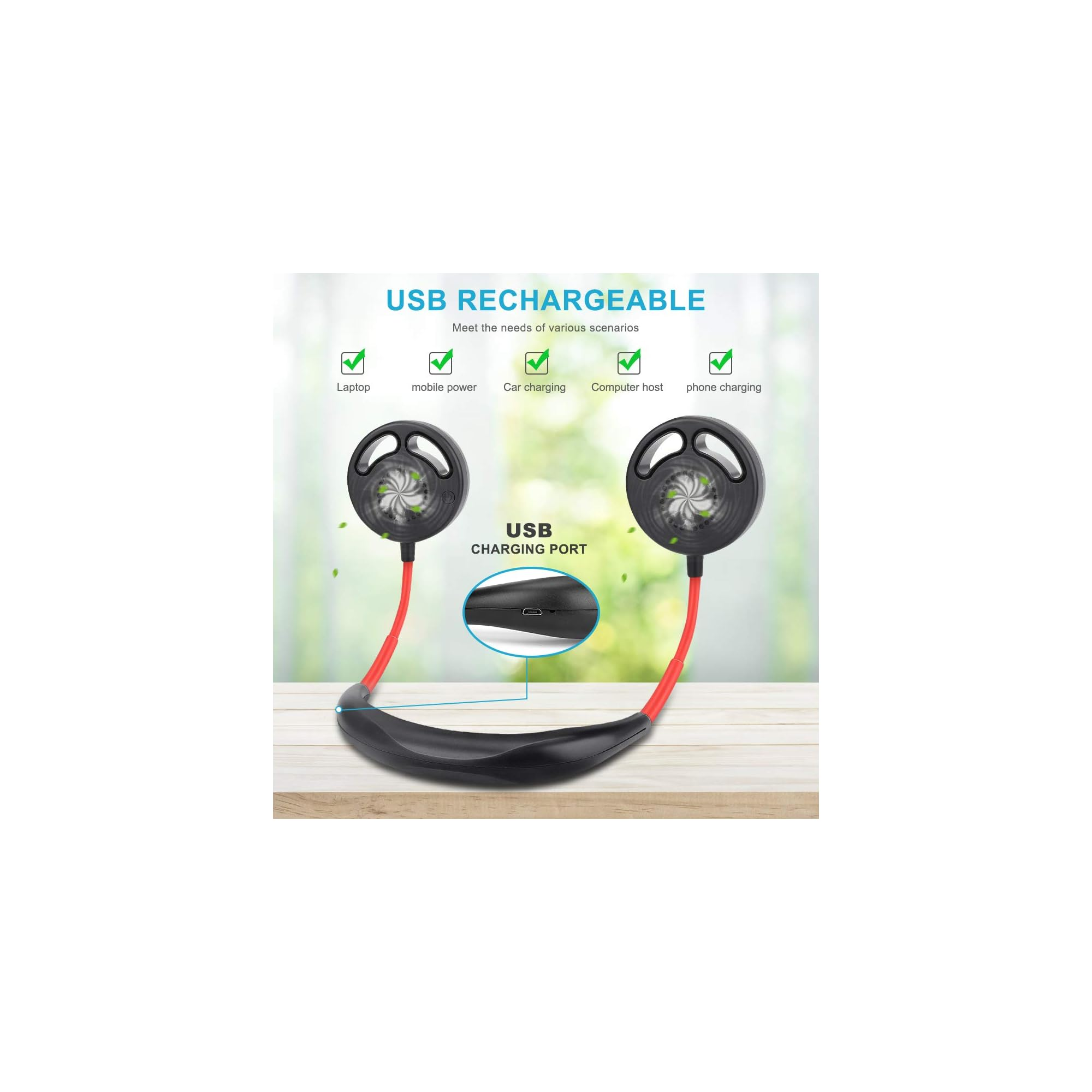 Ein umhängebare Lüfter mit roten Kabeln und USB-Ladeanschluss.