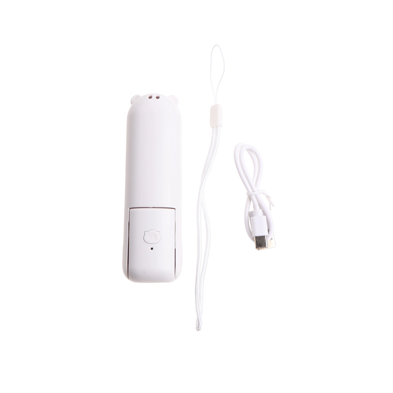 Ein weißes Gerät mit einem Lanyard und einem USB-Kabel auf schwarzem Hintergrund.