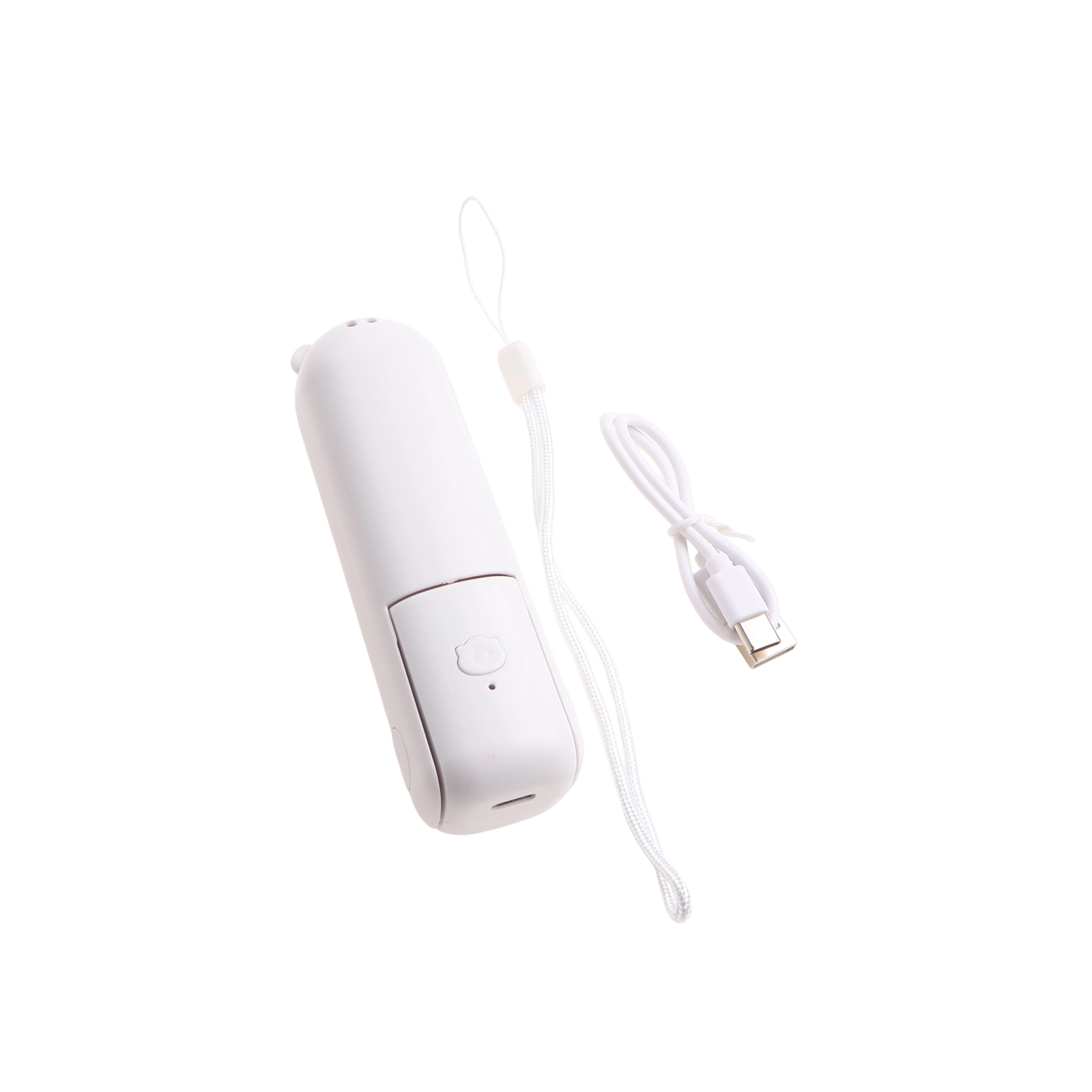 Ein weißes Handgerät mit Lanyard und USB-C-Kabel auf schwarzem Hintergrund.