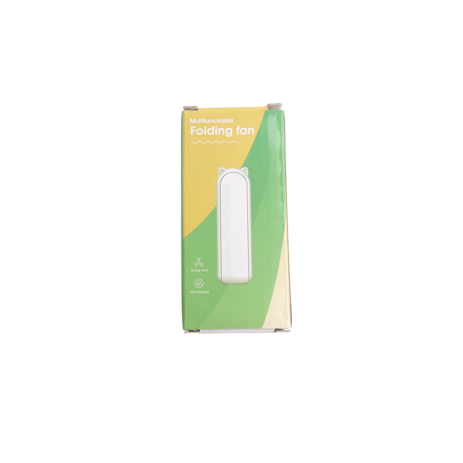 Verpackung eines weißen, multifunktionalen Klapplüfters mit Ohrenmotiv, USB-Ladefunktion.