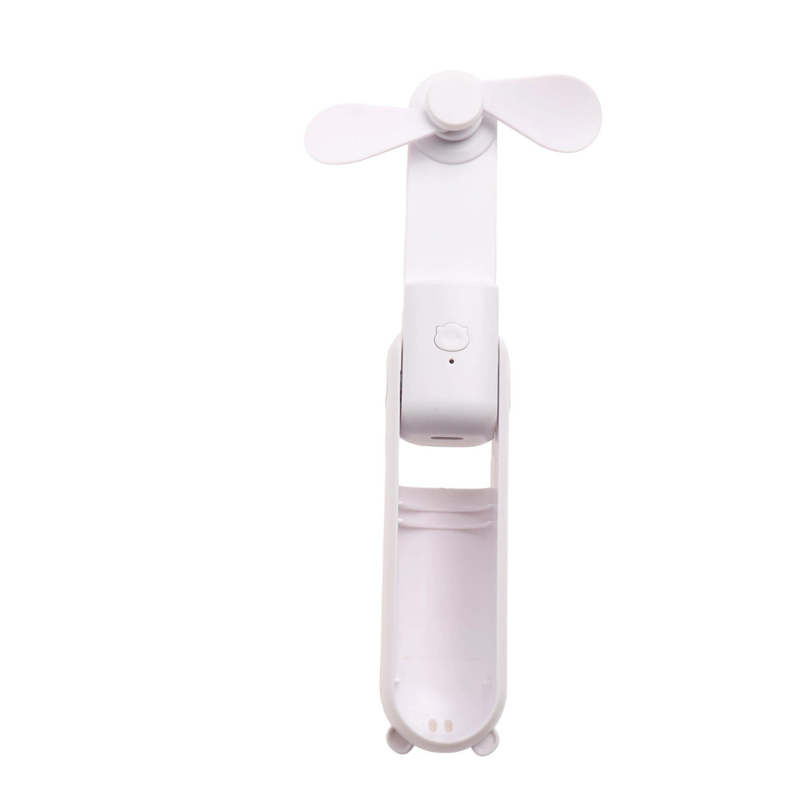 Ein weißer, tragbarer Ventilator im geschlossenen Zustand auf schwarzem Hintergrund.
