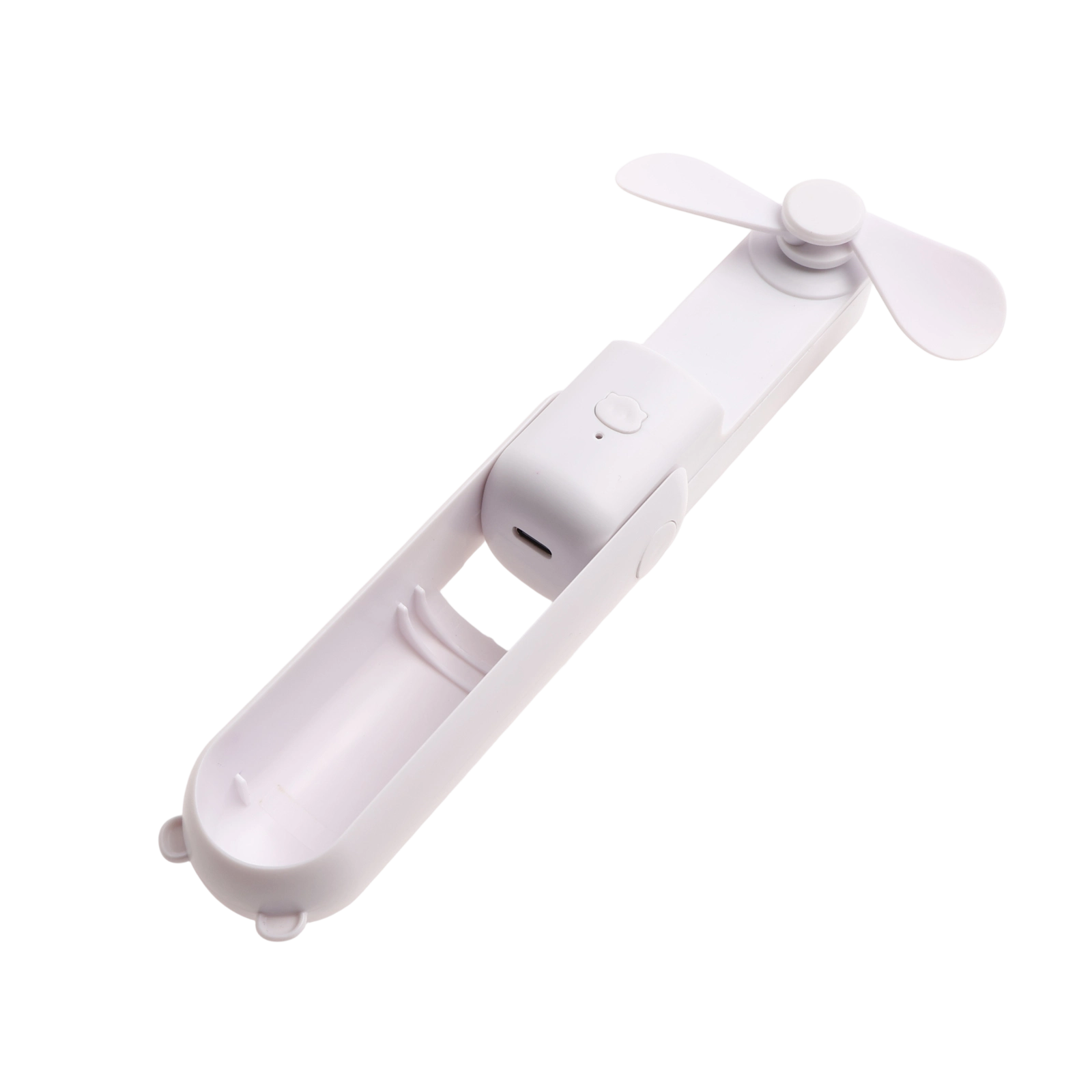 Ein weißer tragbarer Ventilator mit Propellern und USB-Anschluss.