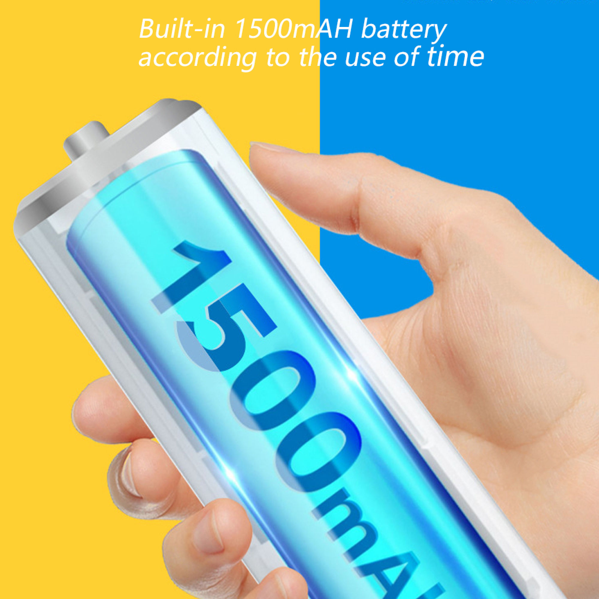 Eine Hand hält eine blau leuchtende Batterie mit der Aufschrift 1500mAh.