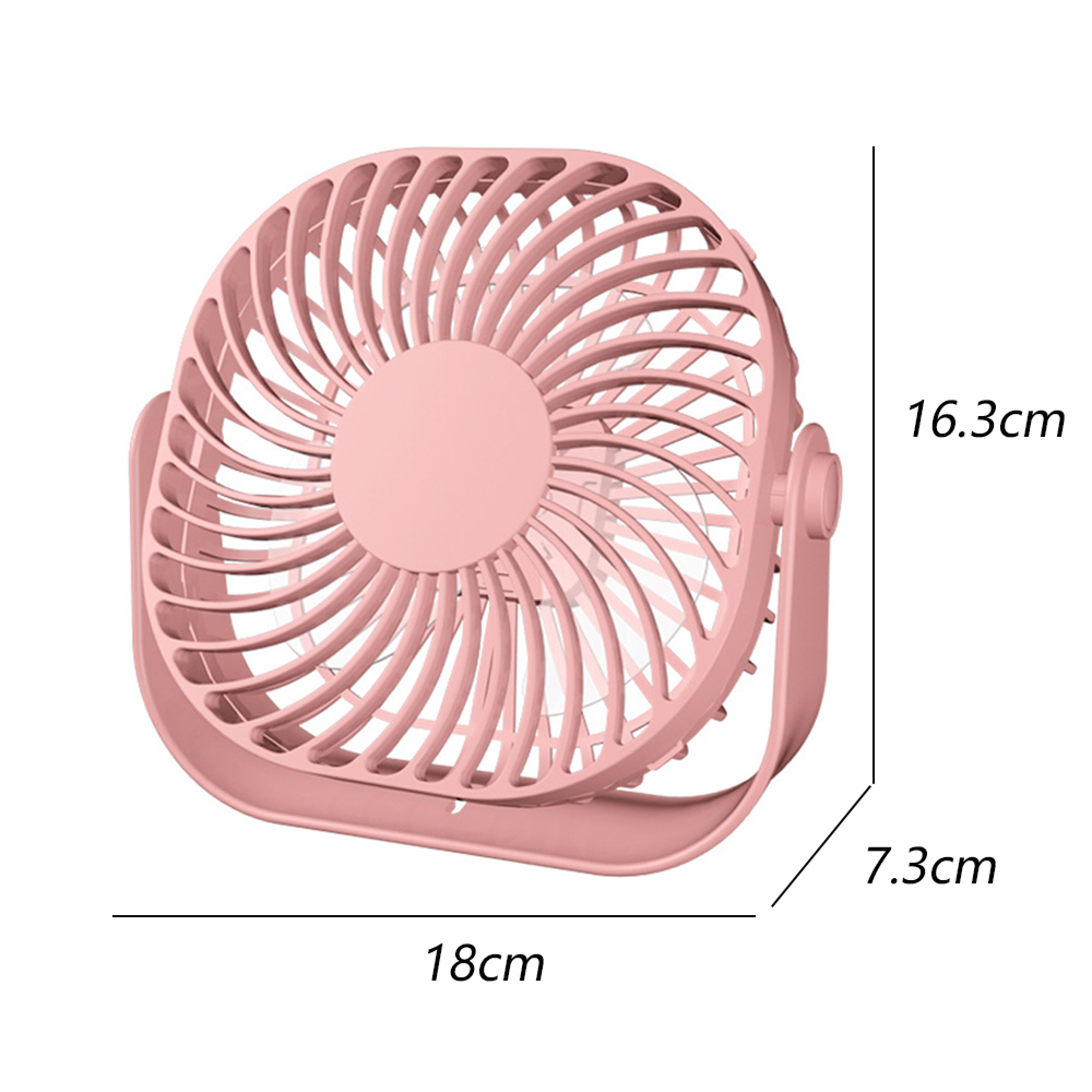 Ein kleiner, rosafarbener Ventilator mit Maßen 18x16,3x7,3cm.