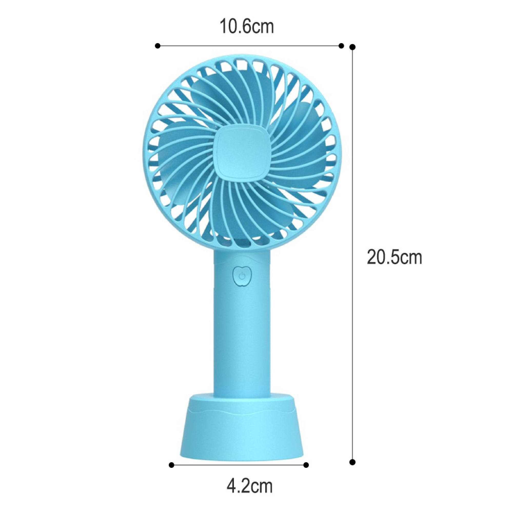 Ein hellblauer tragbarer Ventilator mit rundem Kopf und Griff. Maße angezeigt.