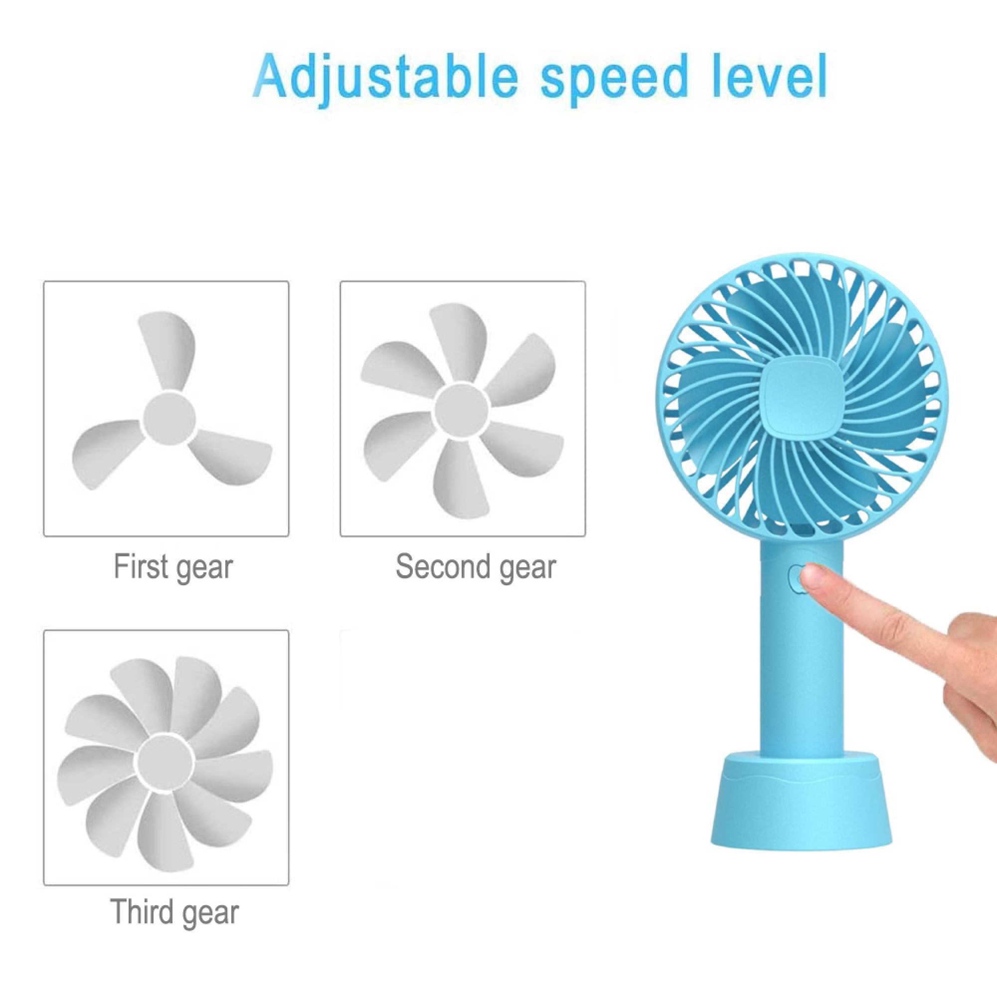 Bild zeigt einen blauen Ventilator mit 3 Geschwindigkeitsstufen.
