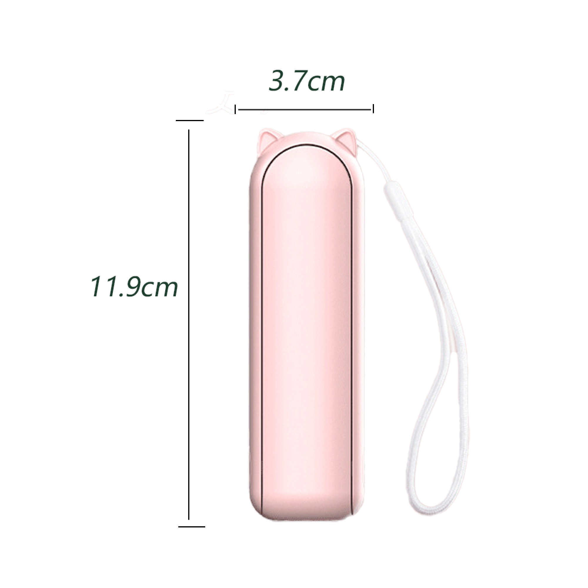 Ein rosafarbener, katzenförmiger Lüfter mit einer Schnur, 11,9 cm hoch und 3,7 cm breit.