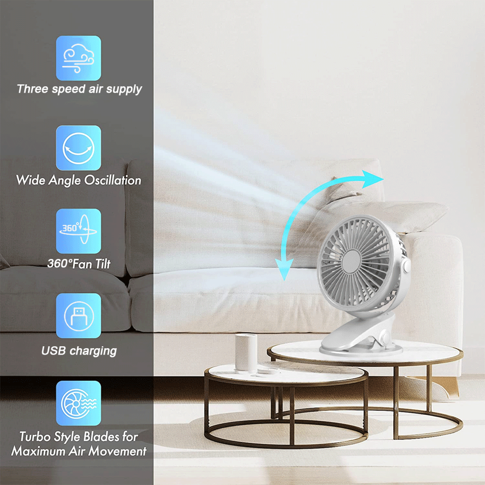 Ein weißer Ventilator steht auf einem runden Tisch neben einem Sofa. Blaue Pfeile zeigen Luftstrom.