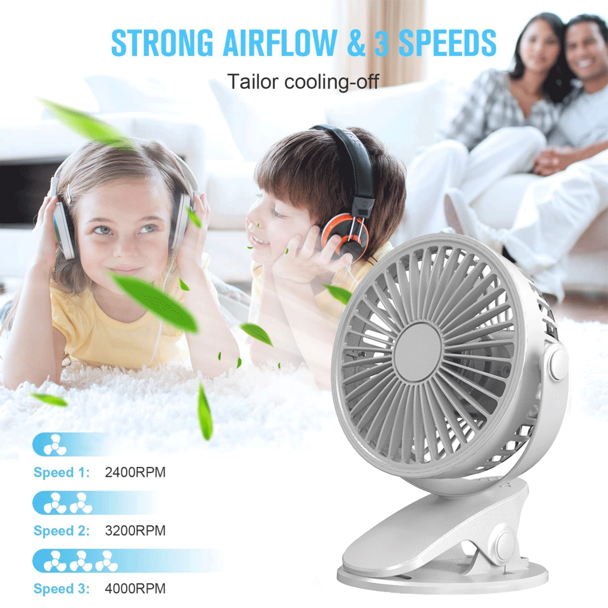 Ein kleiner weißer Ventilator auf einem Clip mit Kindern und Eltern im Hintergrund.