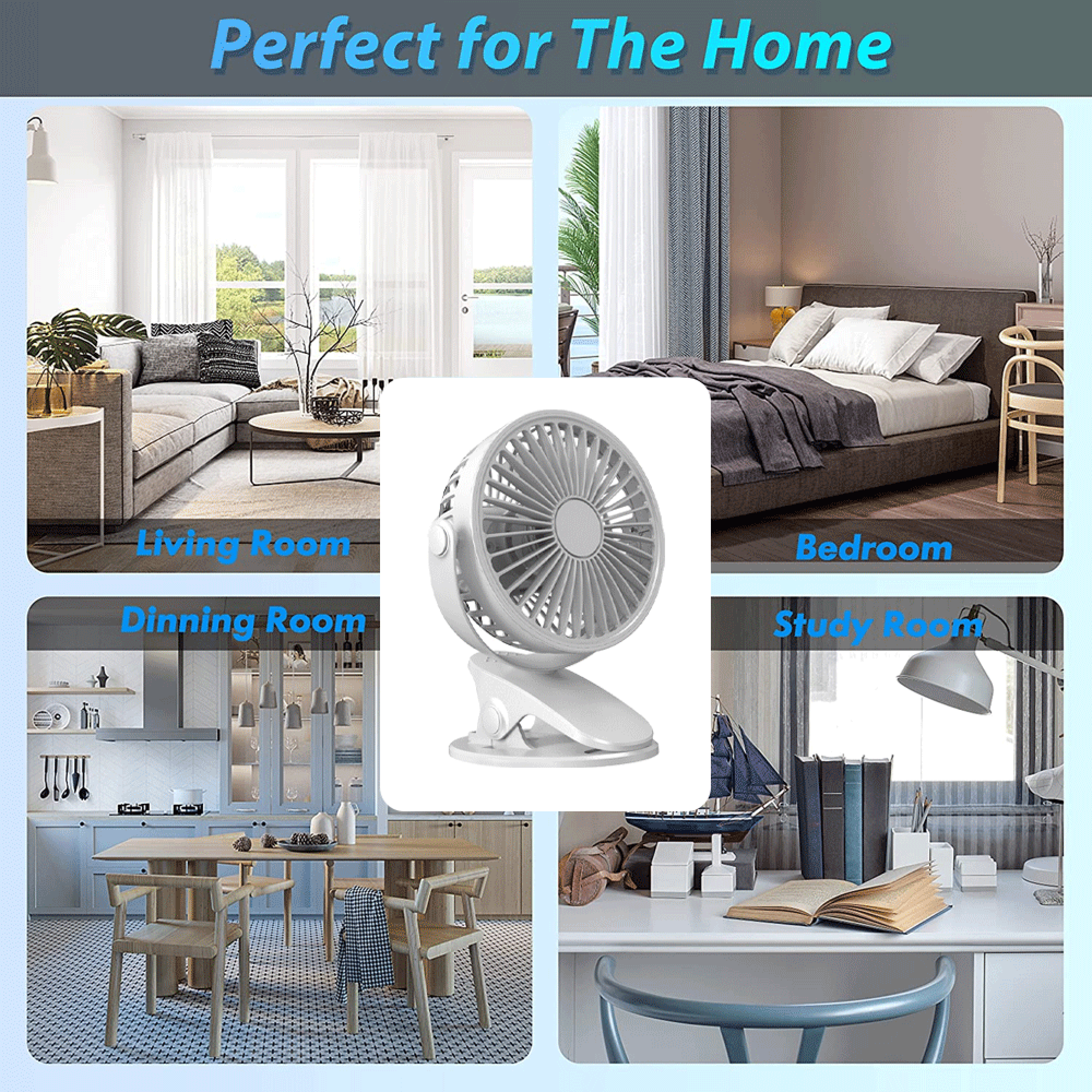 Ein weißer Klemmventilator ist auf einem Tisch in einem Arbeitszimmer platziert.