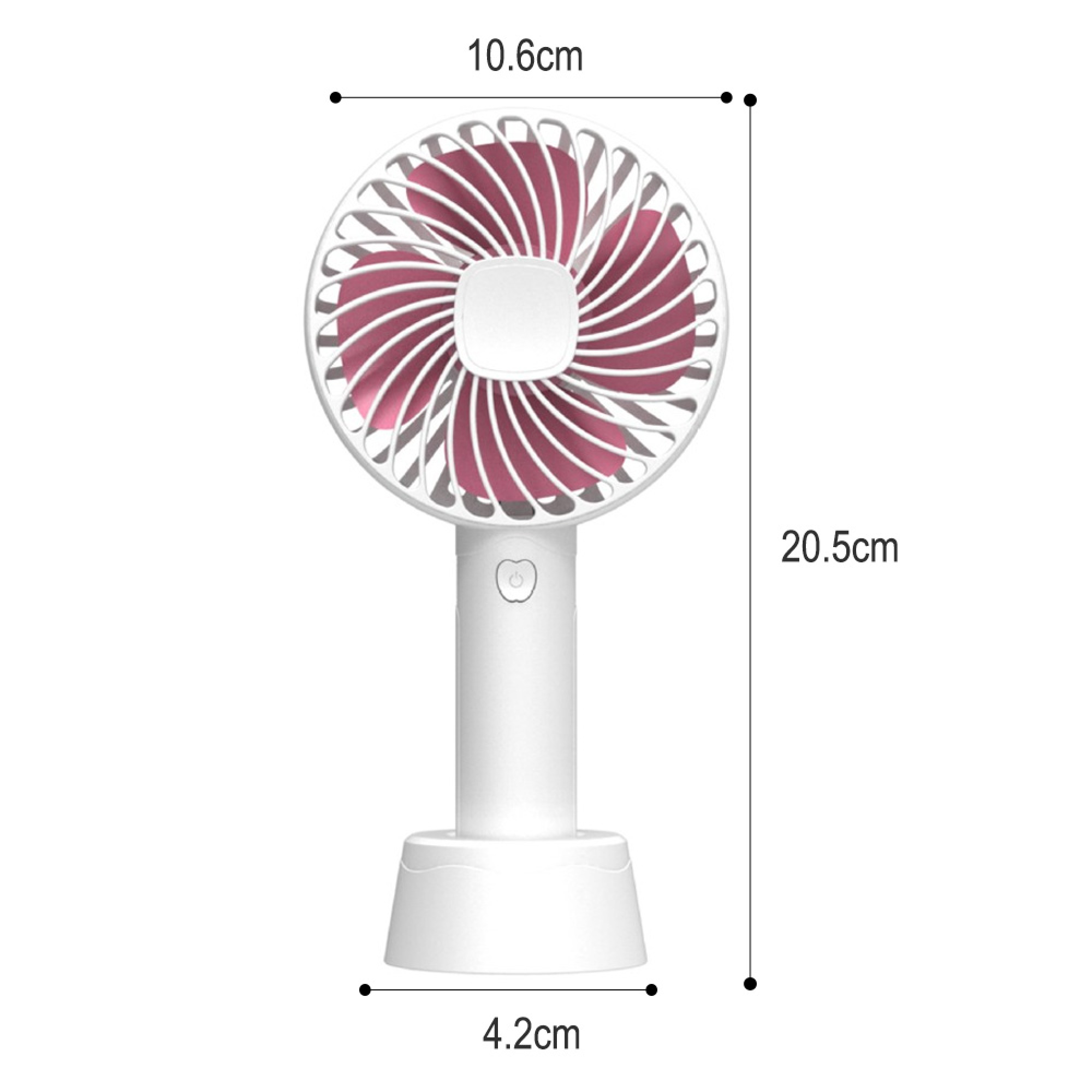 Ein kleiner weißer Handventilator mit rosa Rotorblättern und einem Sockel.