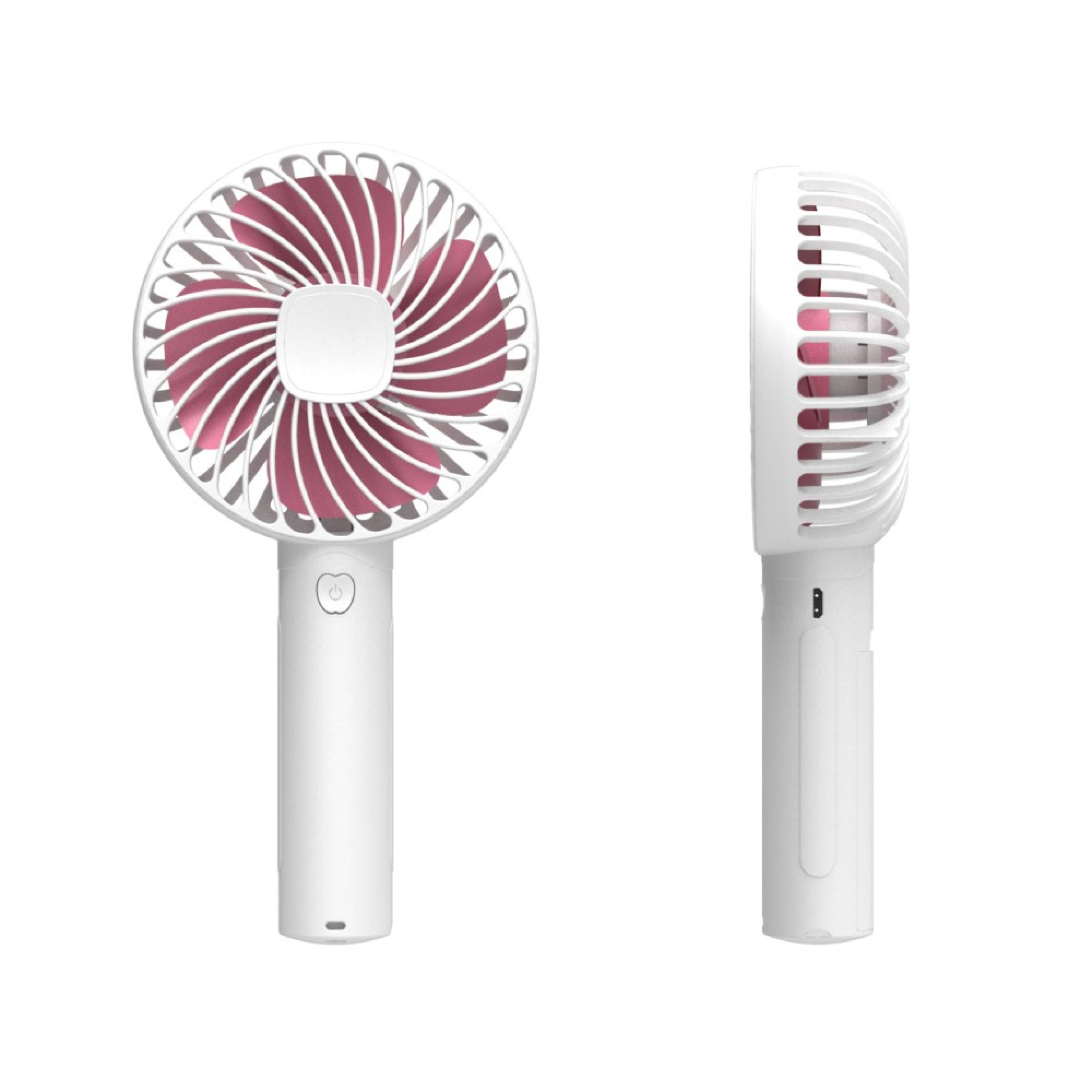 Ein weißer Handventilator mit rosa Rotorblättern, von vorne und von der Seite gezeigt.