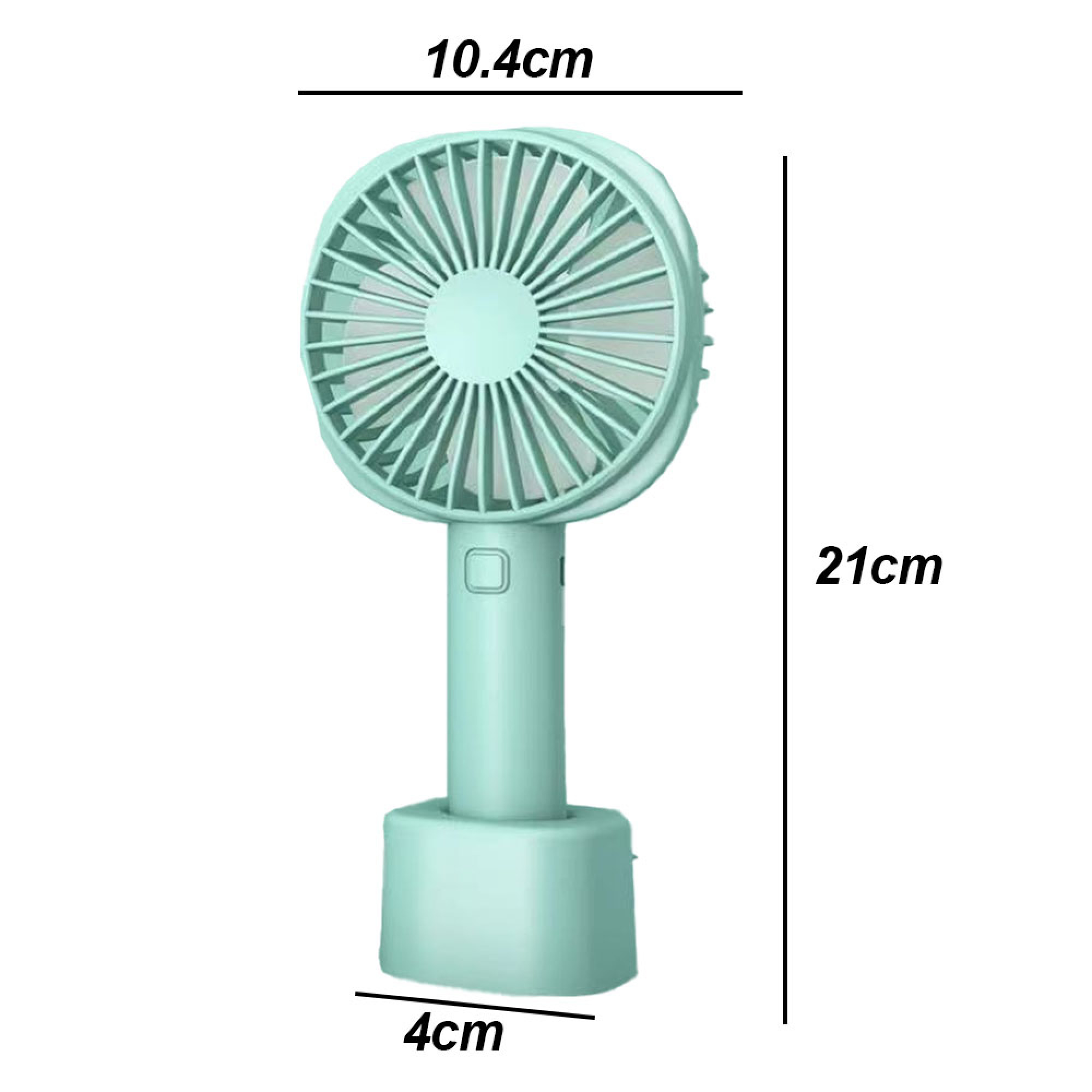 Ein kleiner, mintgrüner Ventilator mit Griff und Basis. Maße angegeben.