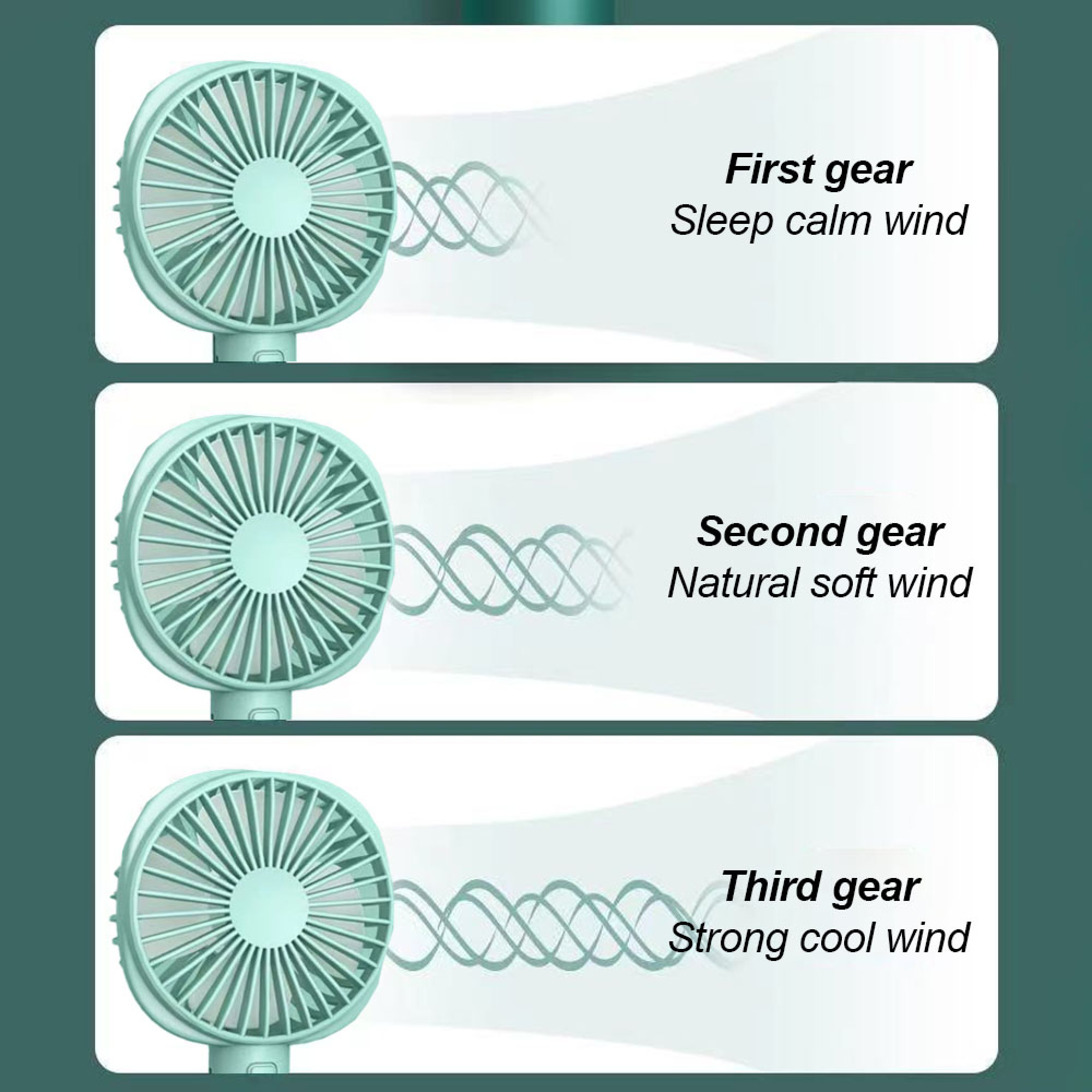 Ein türkisfarbener Ventilator mit drei Gangeinstellungen für Wind.