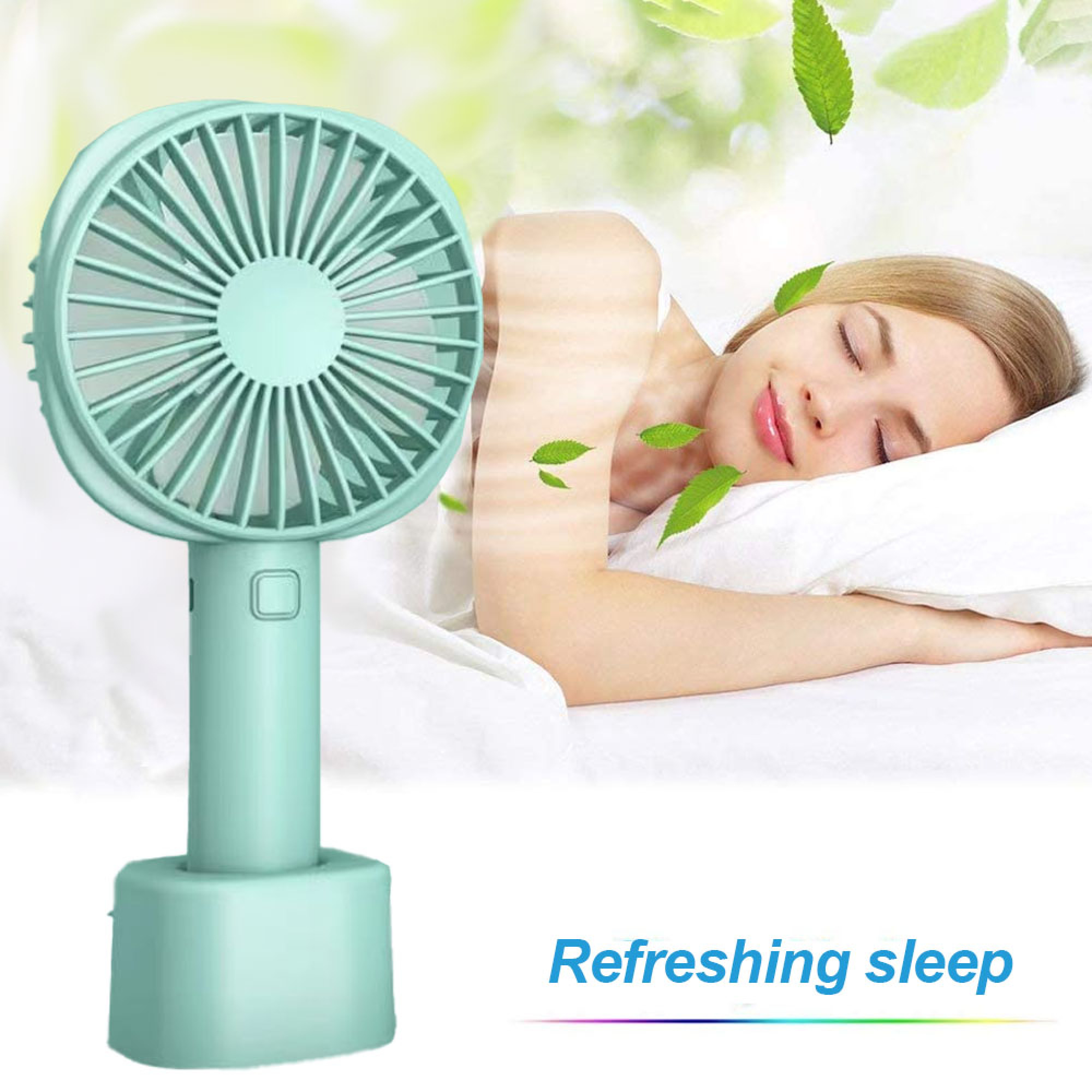 Ein türkiser Ventilator steht neben einer schlafenden Frau.