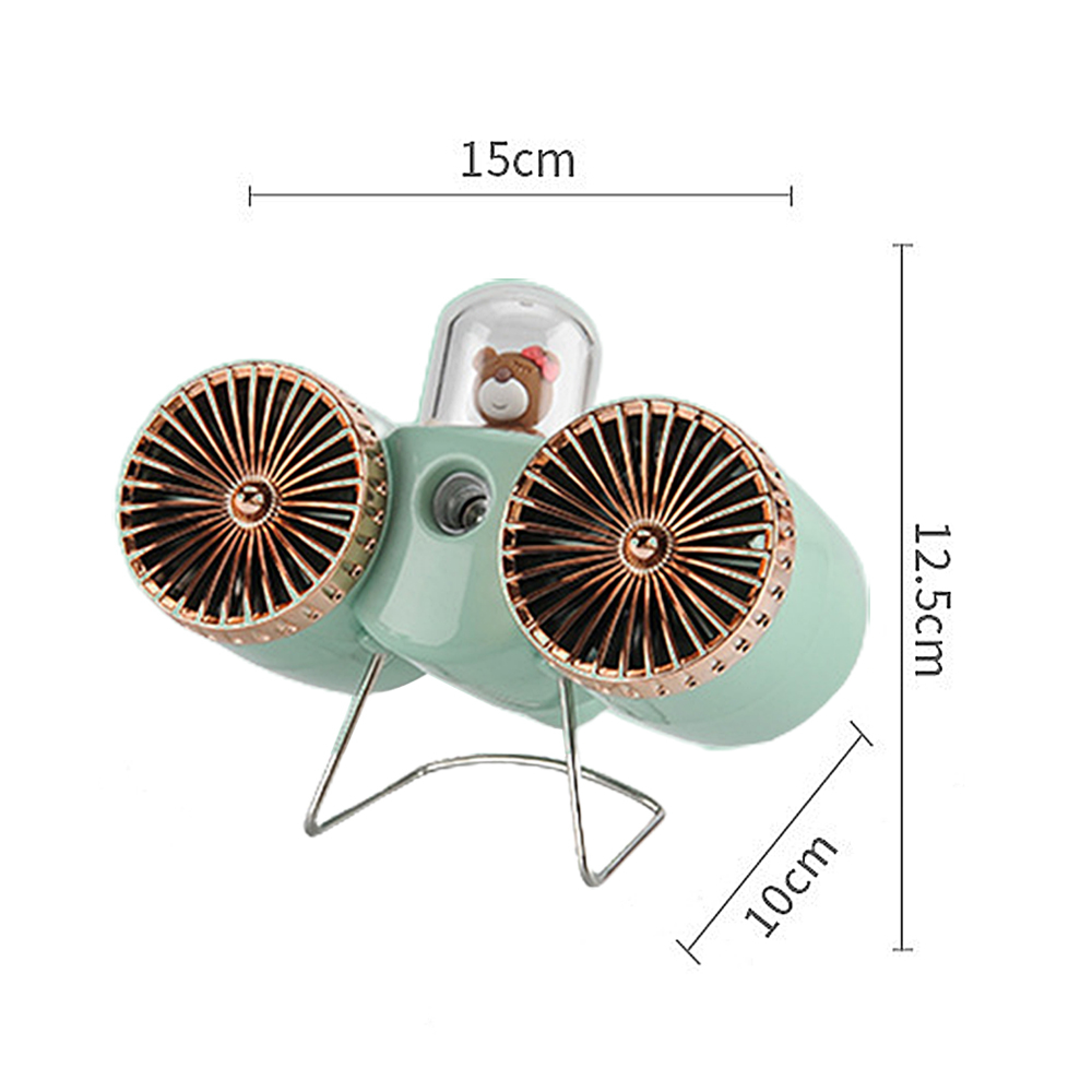 Ein mintgrüner Ventilator in Flugzeugform mit einem kleinen Teddybär im Cockpit.