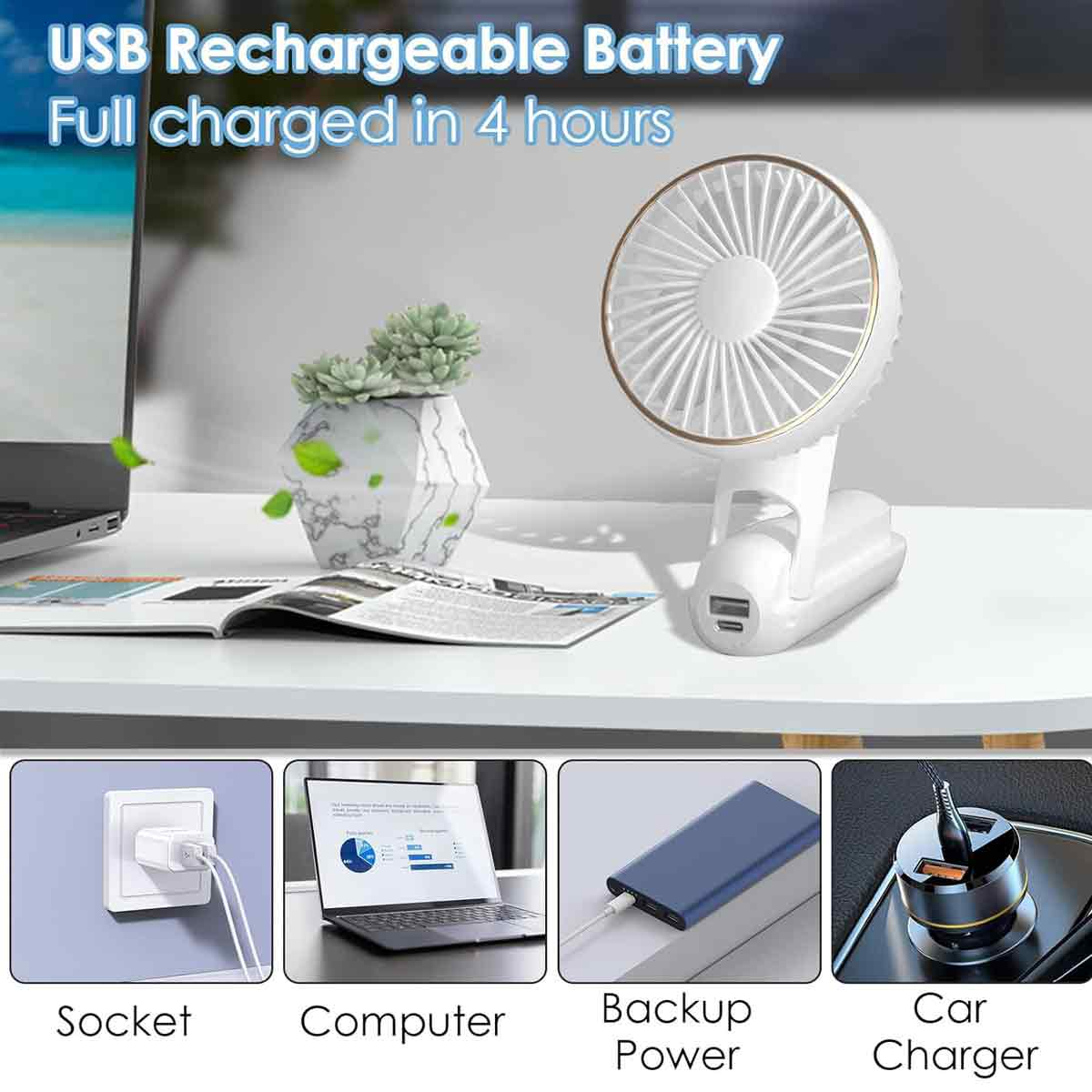 Weißer USB-Ventilator, Sukkulente, Laptop, Powerbank, Autoladegerät & Steckdose.
