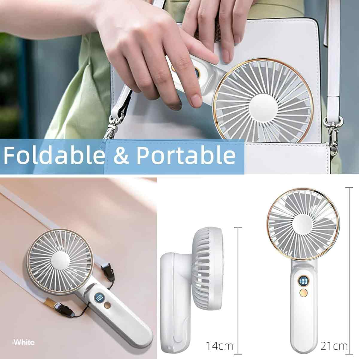 Ein weißer, faltbarer Handventilator mit goldenem Rand und digitaler Anzeige.
